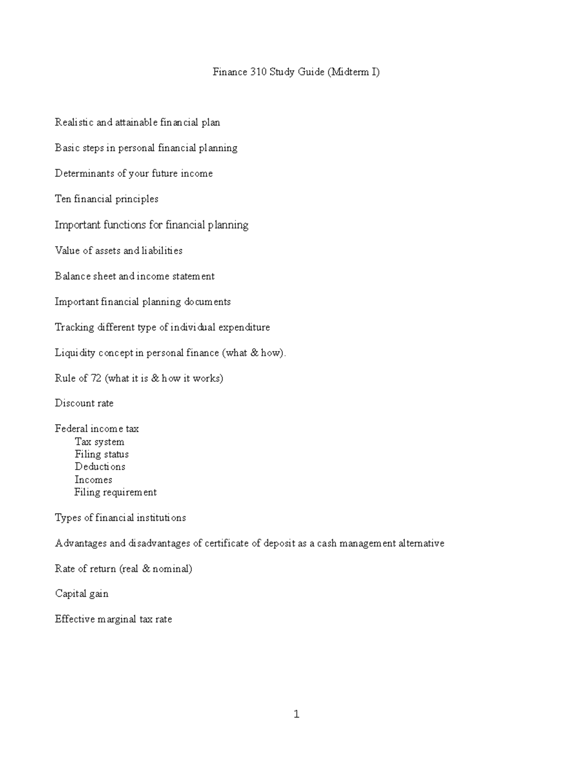 Finance 310 Study Guide (Midterm I)1 Finance 310 Study Guide