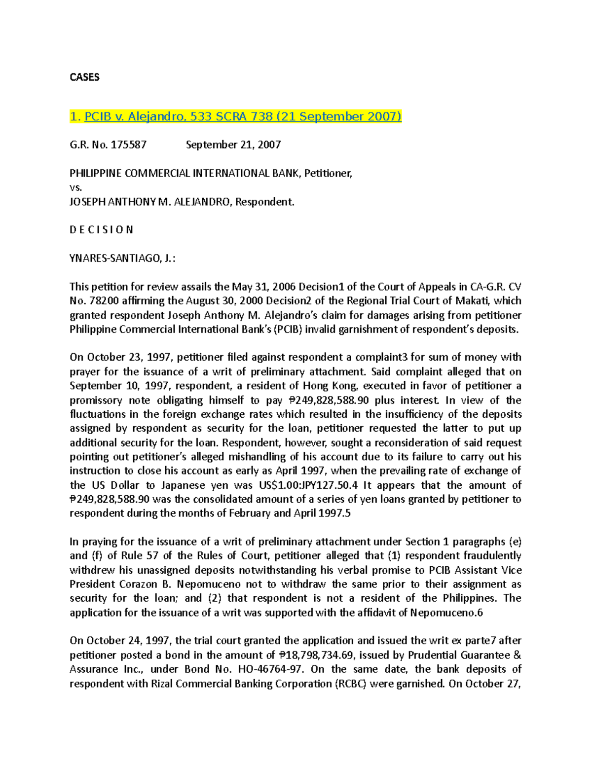 Provrem FULL TEXT Cases W2 - CASES PCIB v. Alejandro, 533 SCRA 738 (21 ...
