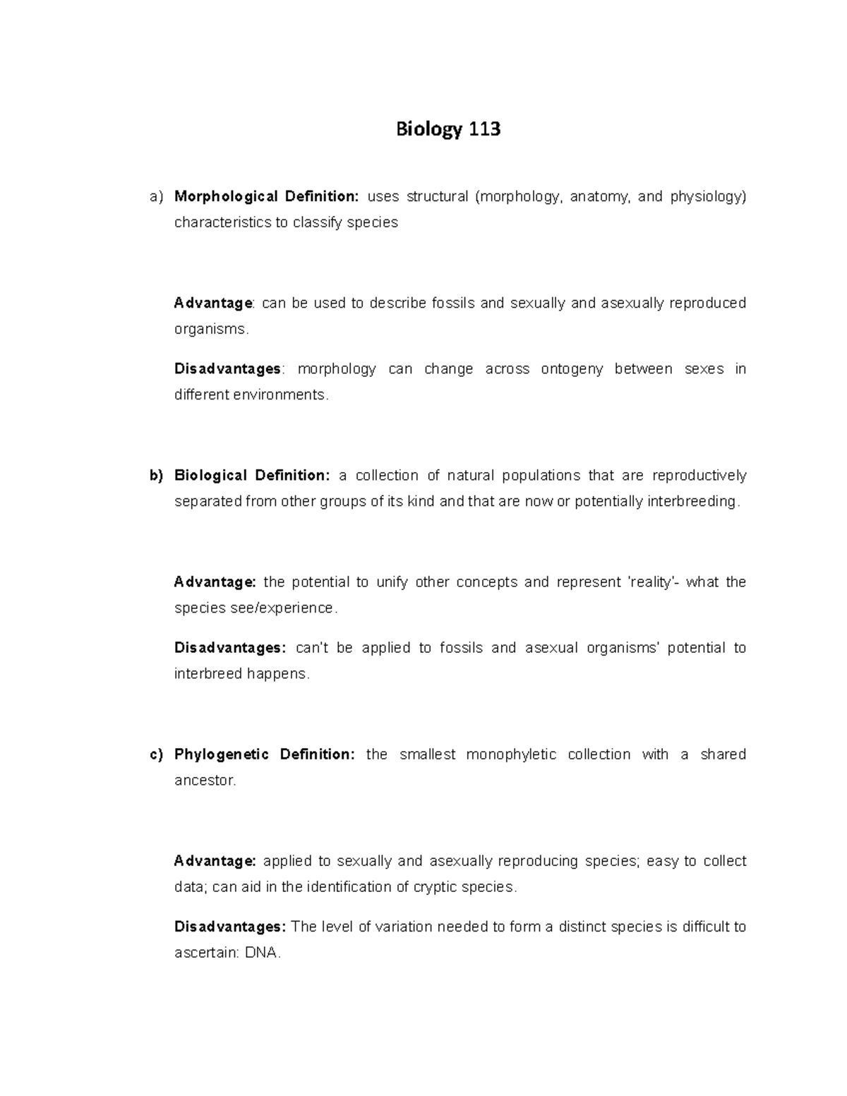 BIO 113 1 (lecture Notes) - Biology 113 A) Morphological Definition ...