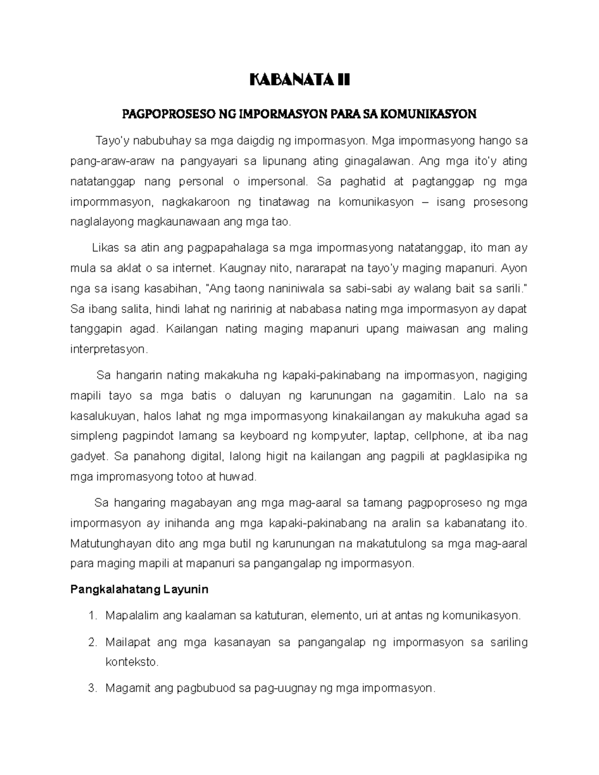 Komfil Aralin 1 Ng Kabanata 2 - KABANATA II PAGPOPROSESO NG IMPORMASYON ...