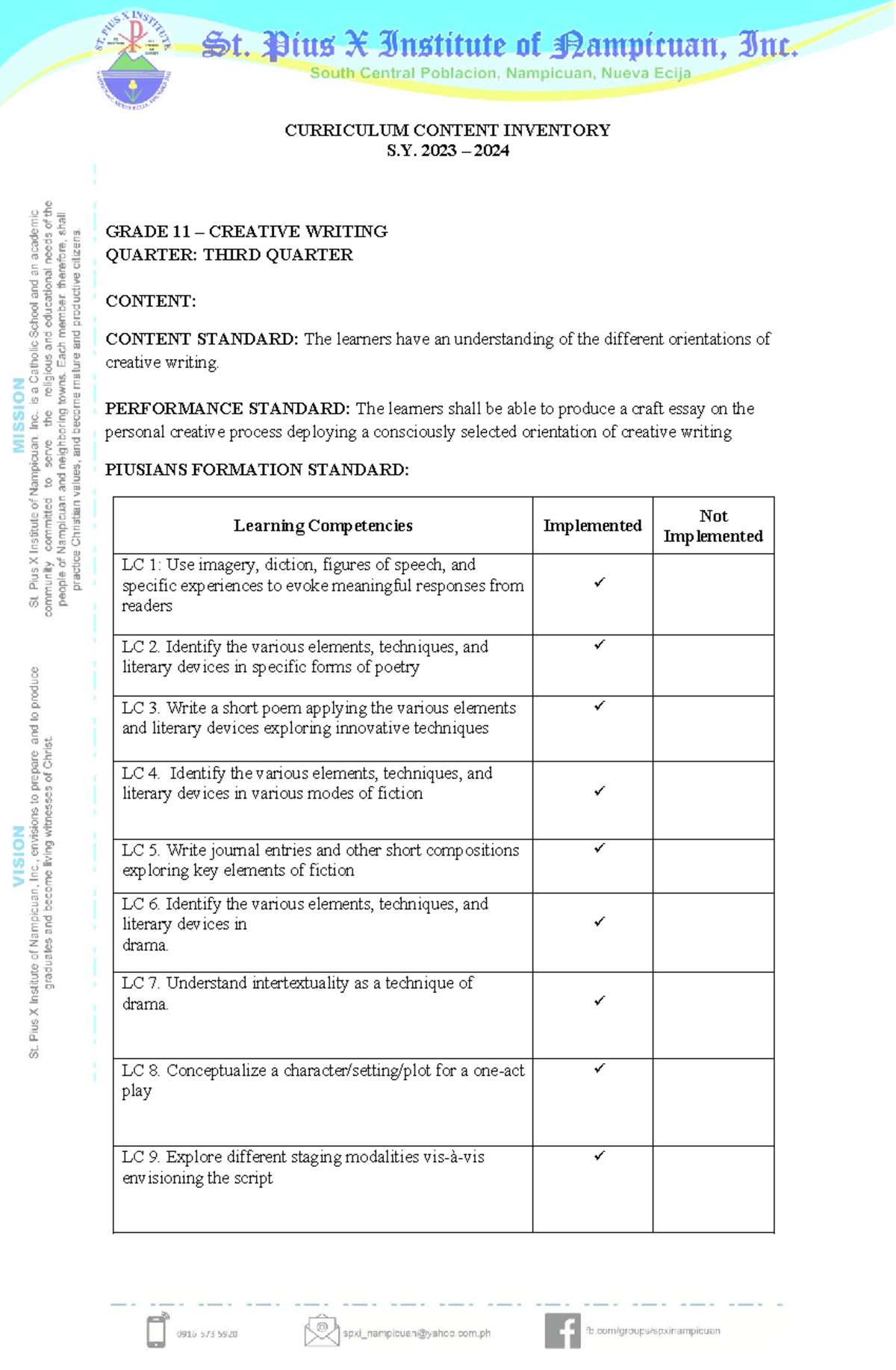 3Q Creative Writing CCI CURRICULUM CONTENT INVENTORY S. 2023 2024 GRADE 11 CREATIVE