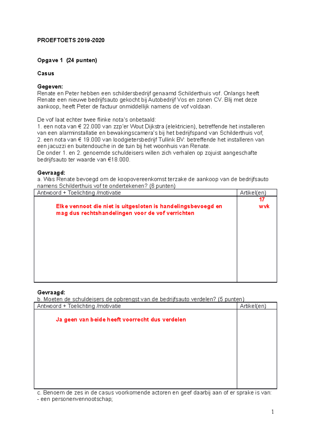 Ondernemingsrecht Proeftoets 2019-2020 - PROEFTOETS 2019- Opgave 1 (24 ...