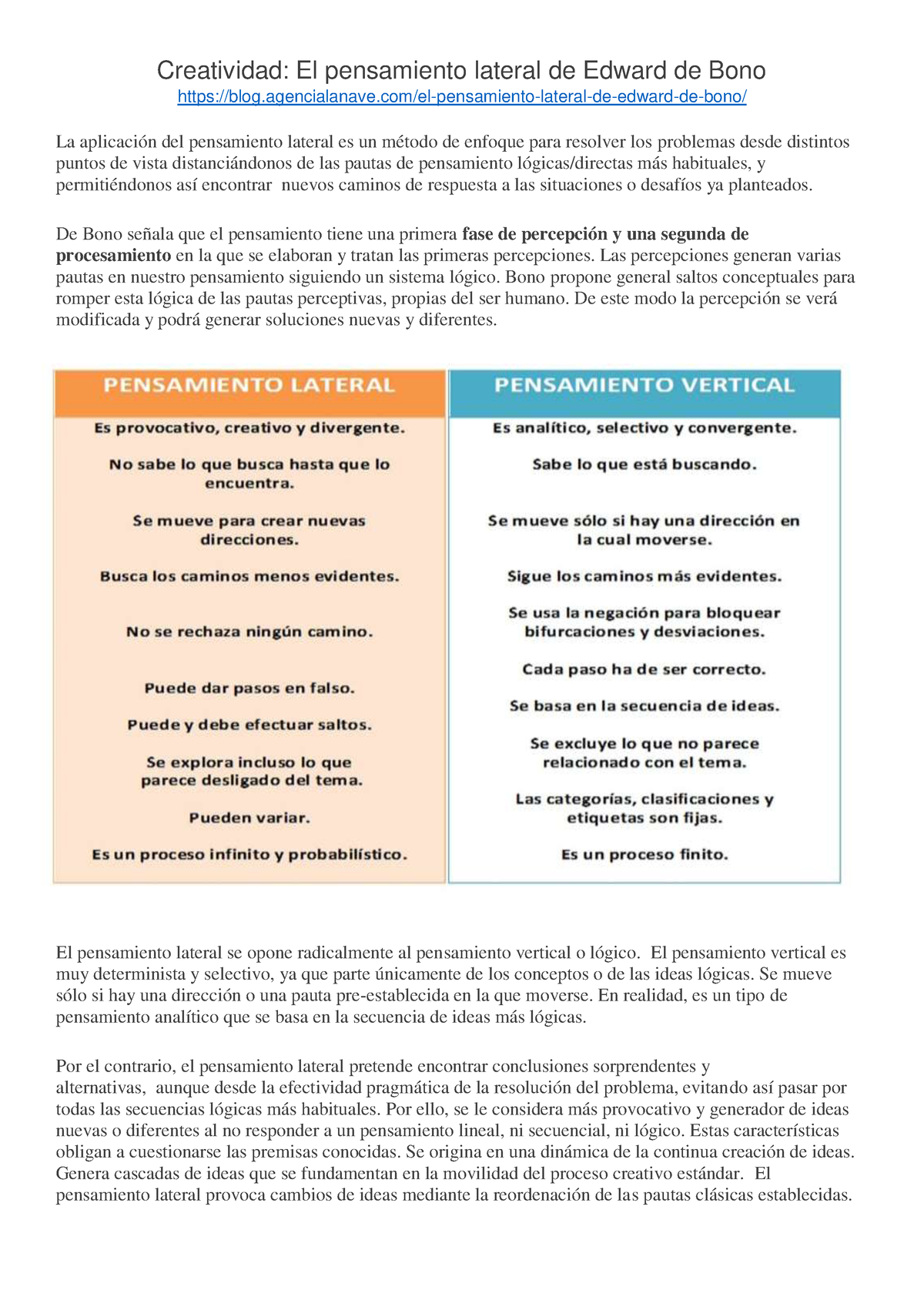 Alternativas al uso del razonamiento lógico durante de resolución de  problemas: el pensamiento lateral