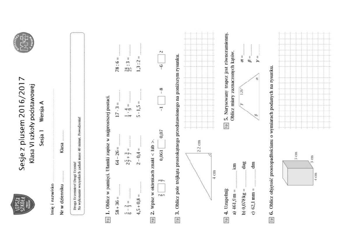 Test Sesja Z Plusem Matematyka Klasa 4 Sesja z plusem VI - 1a - LEPSZA MATEMATTES SZKOtA Sesje Z plusem