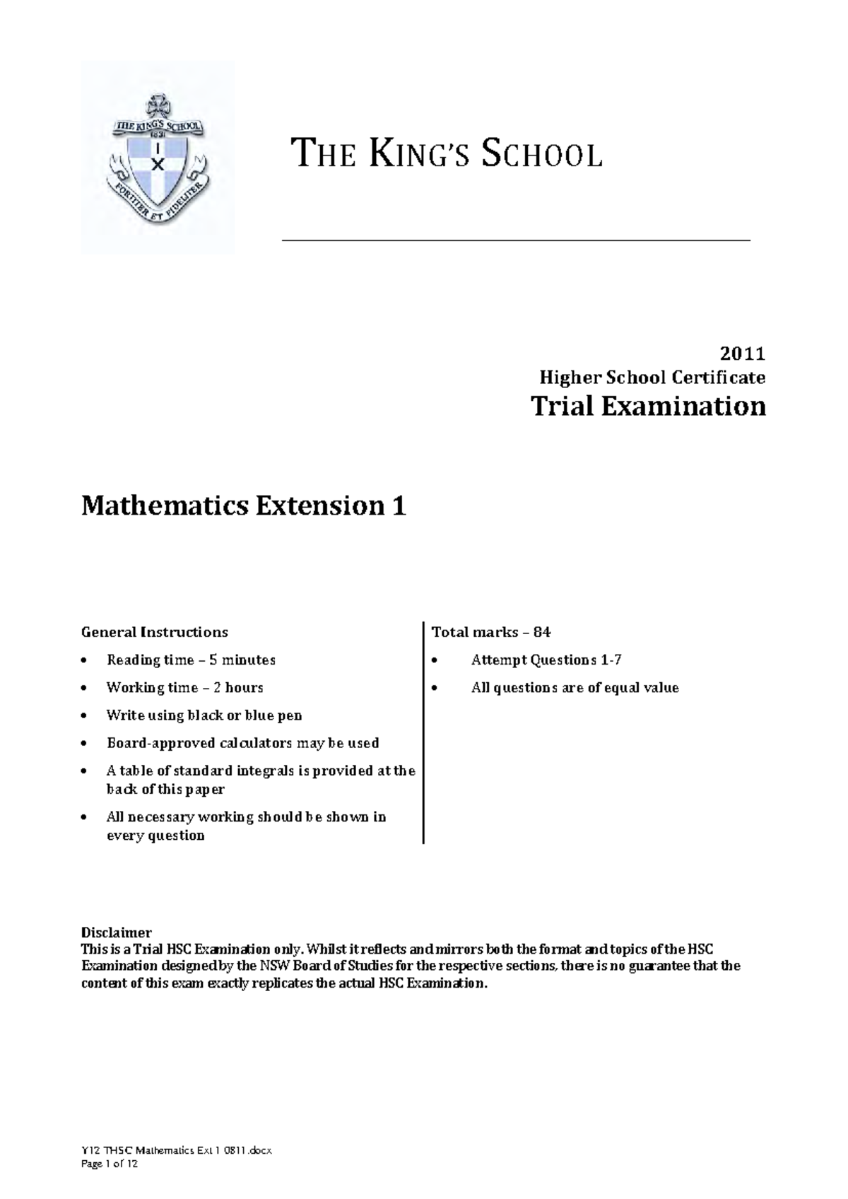 Kings 2011 3U Trials & Solutions - Y12 THSC Mathematics Ext 1 0811 Page ...
