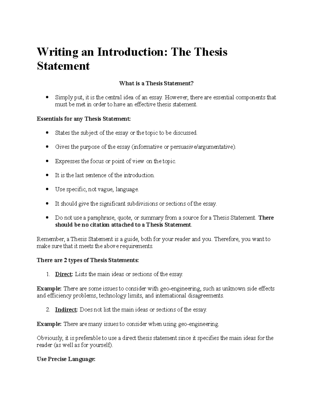 Writing an Introduction with thesis statement - ENGL 1090 - Memorial ...