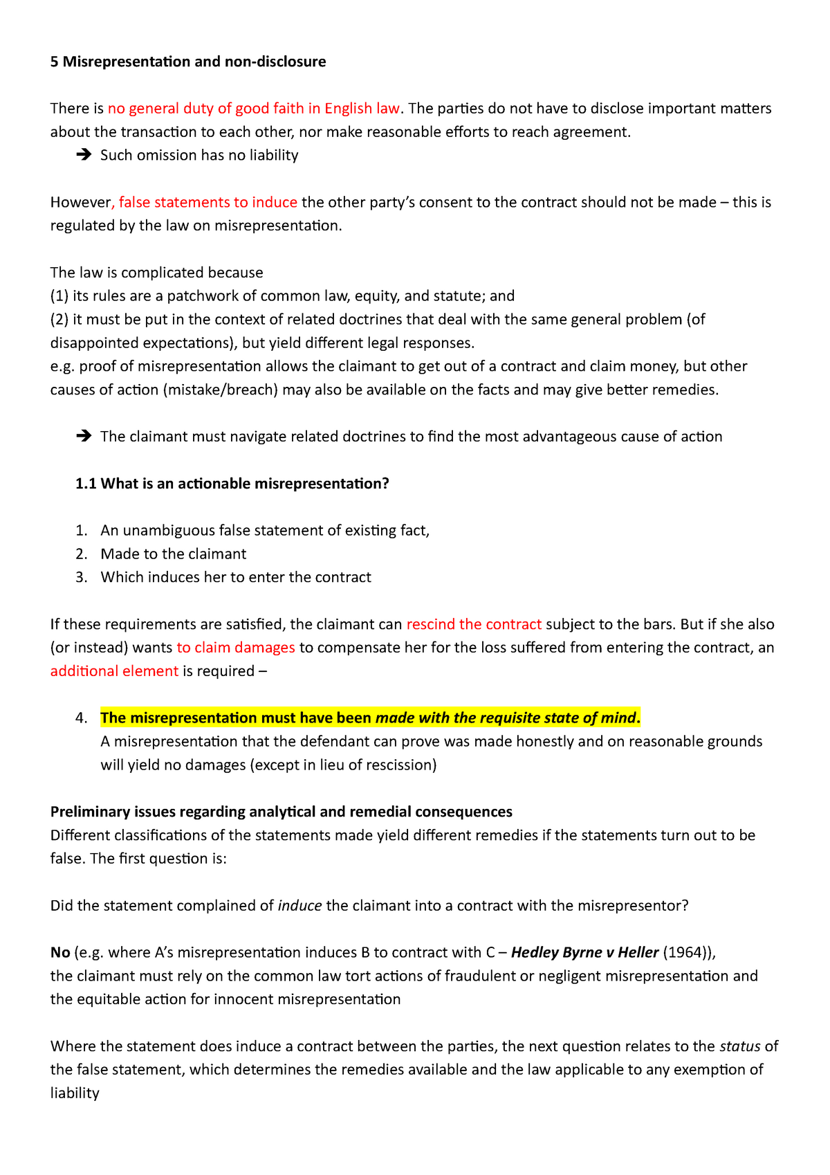 TB Misrep - Summary Contract Law - 5 Misrepresentation And Non ...