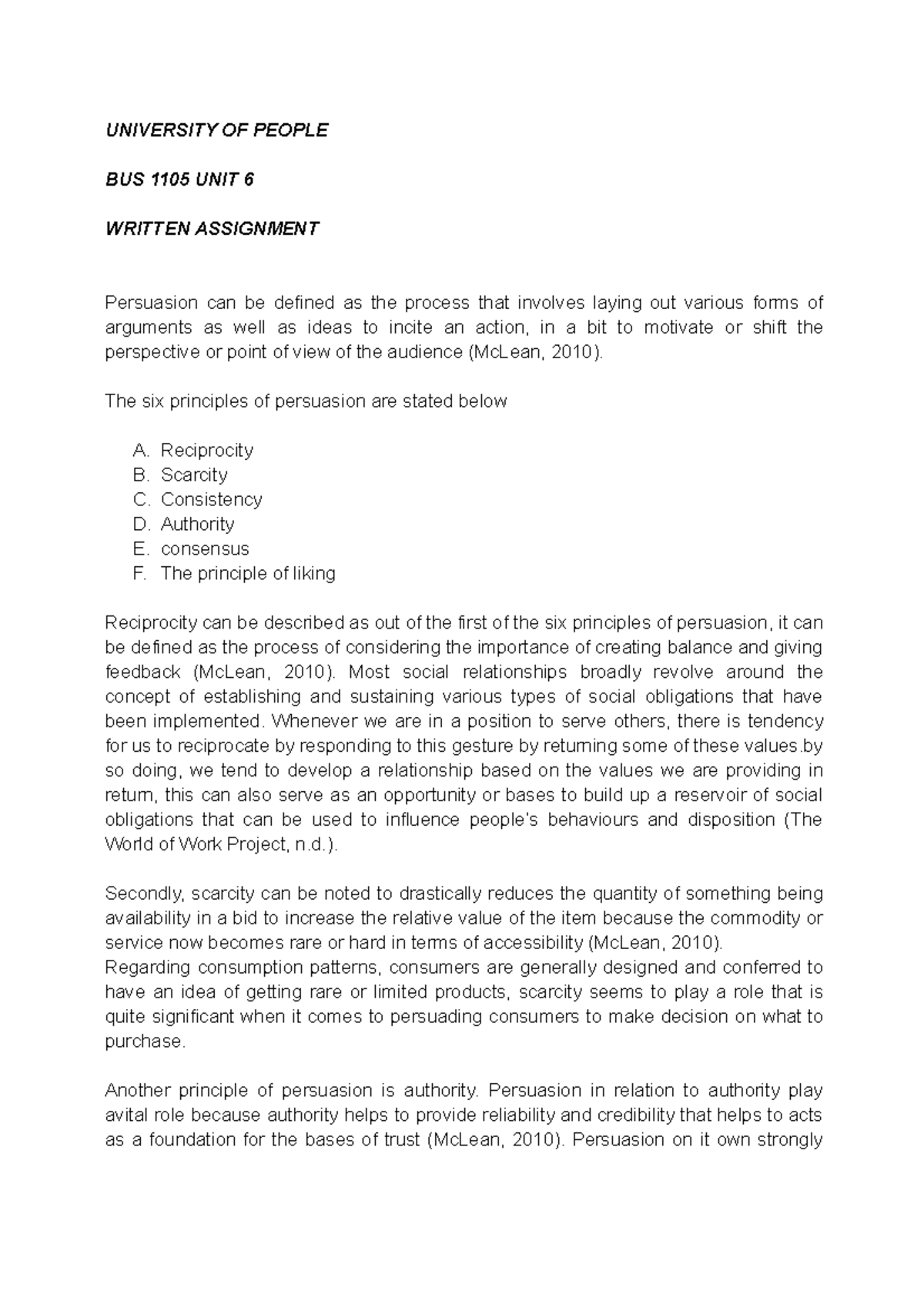 BUS 1105 Written Assignment UNIT 6 - UNIVERSITY OF PEOPLE BUS 1105 UNIT ...