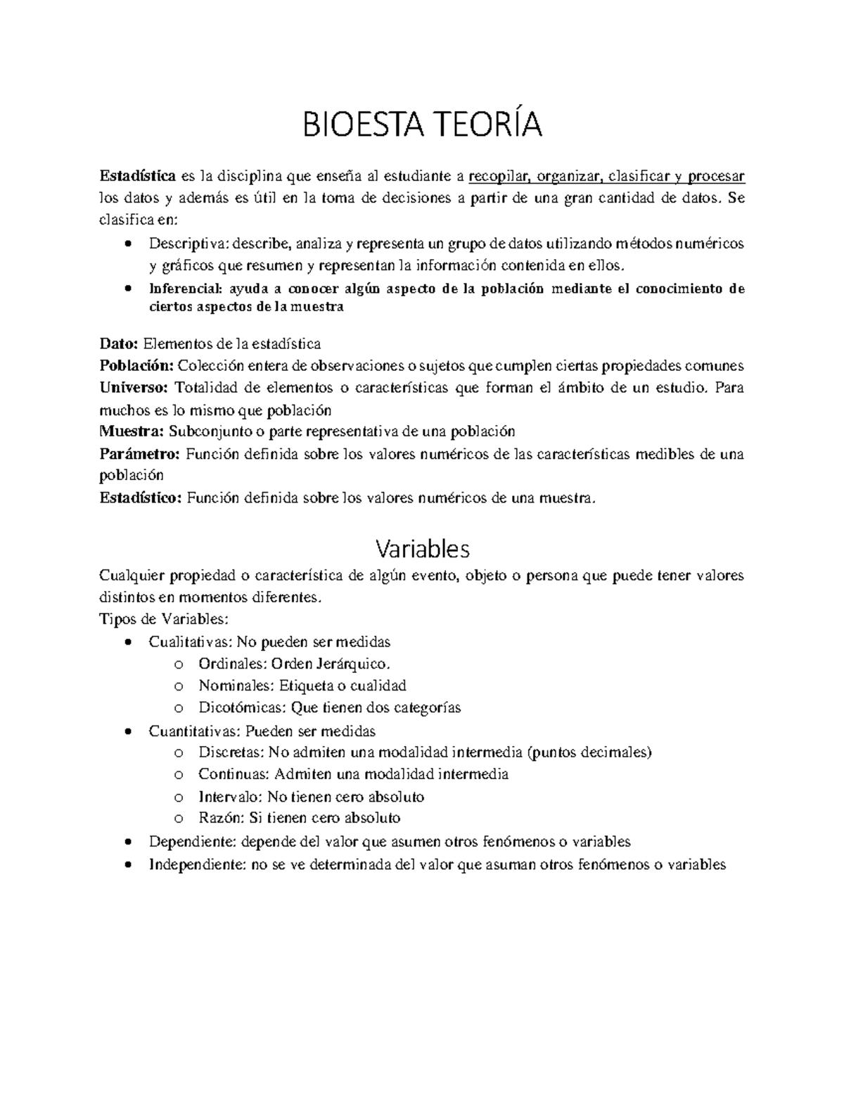 Bioesta TeoríA - BIOESTA TEORÍA Estadística es la disciplina que ensẽa ...