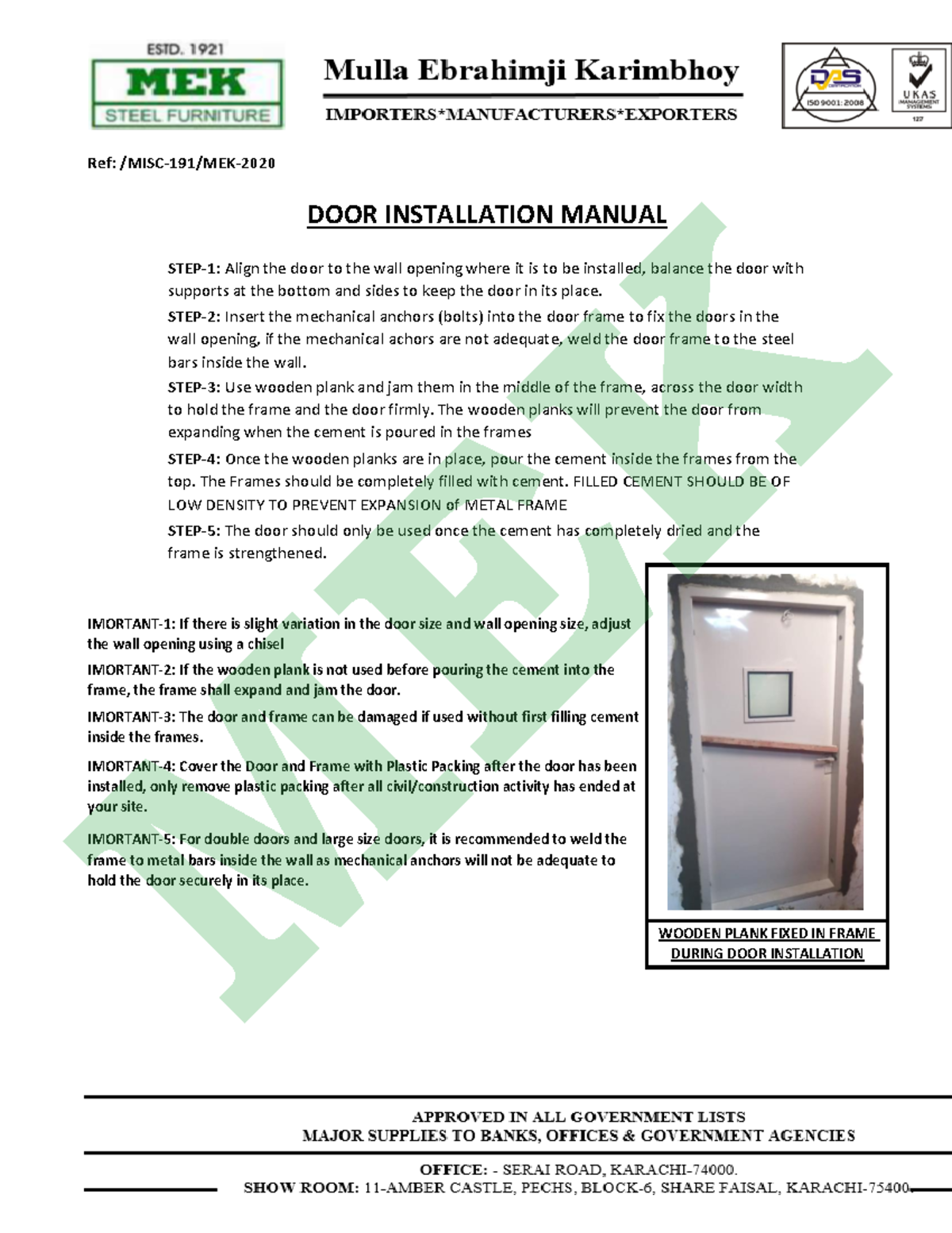 Door Installation Manual Ref /MISC191/MEK WOODEN PLANK FIXED IN