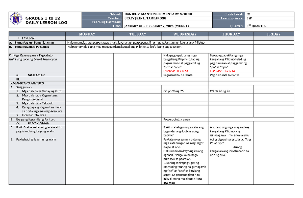 DLL ESP 3 Q3 W1 - DLL ESP 3 Q3 W1 - GRADES 1 to 12 DAILY LESSON LOG ...