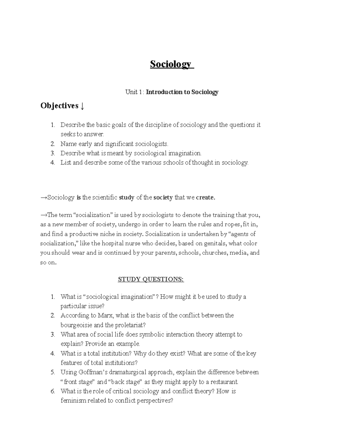 Sociology - Lecture notes lecture 1-2 - Sociology Unit 1: Introduction ...