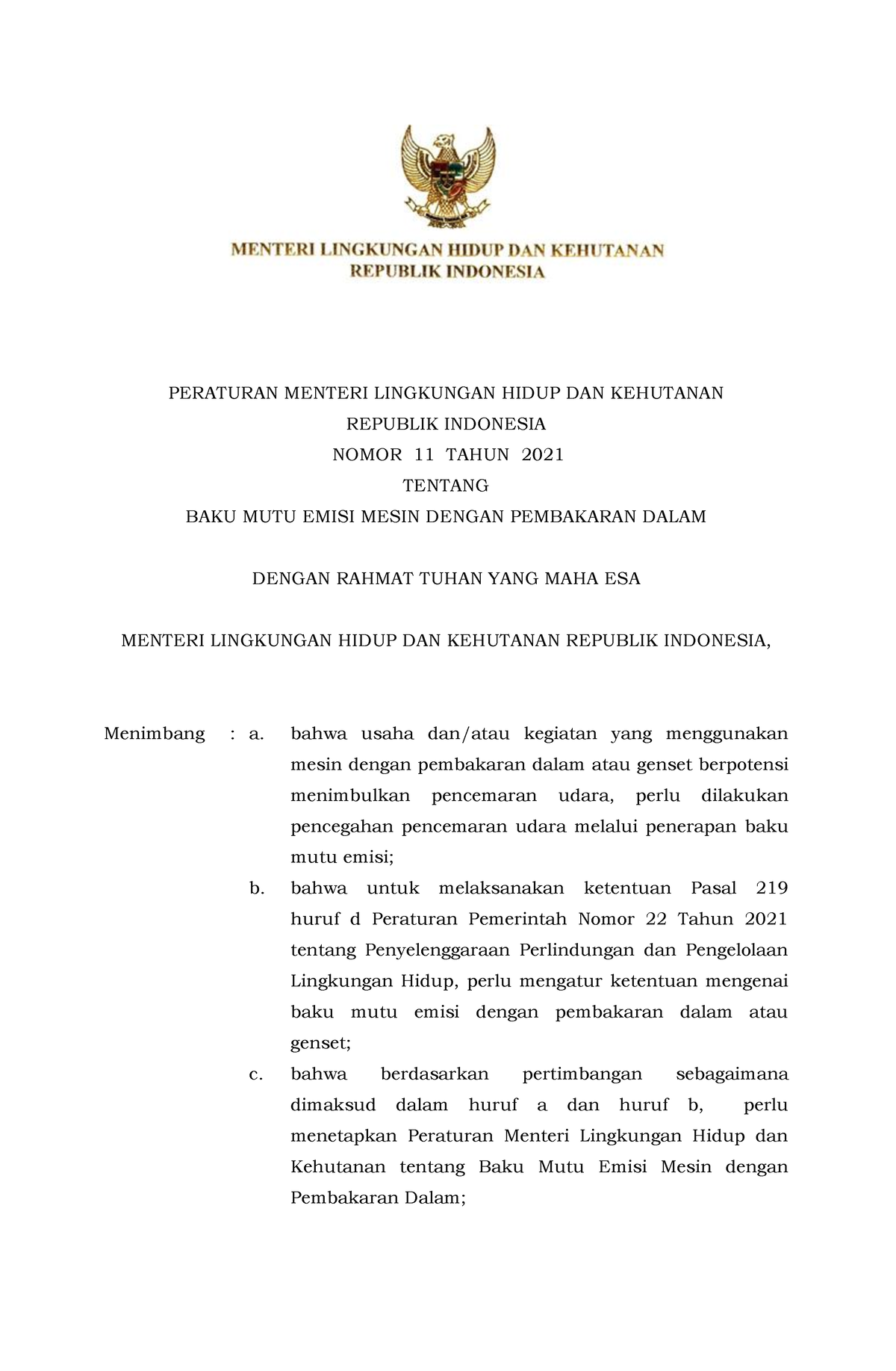 Permen LH No. 11 Tahun 2021 Tentang Baku Mutu Emisi Mesin Dengan ...