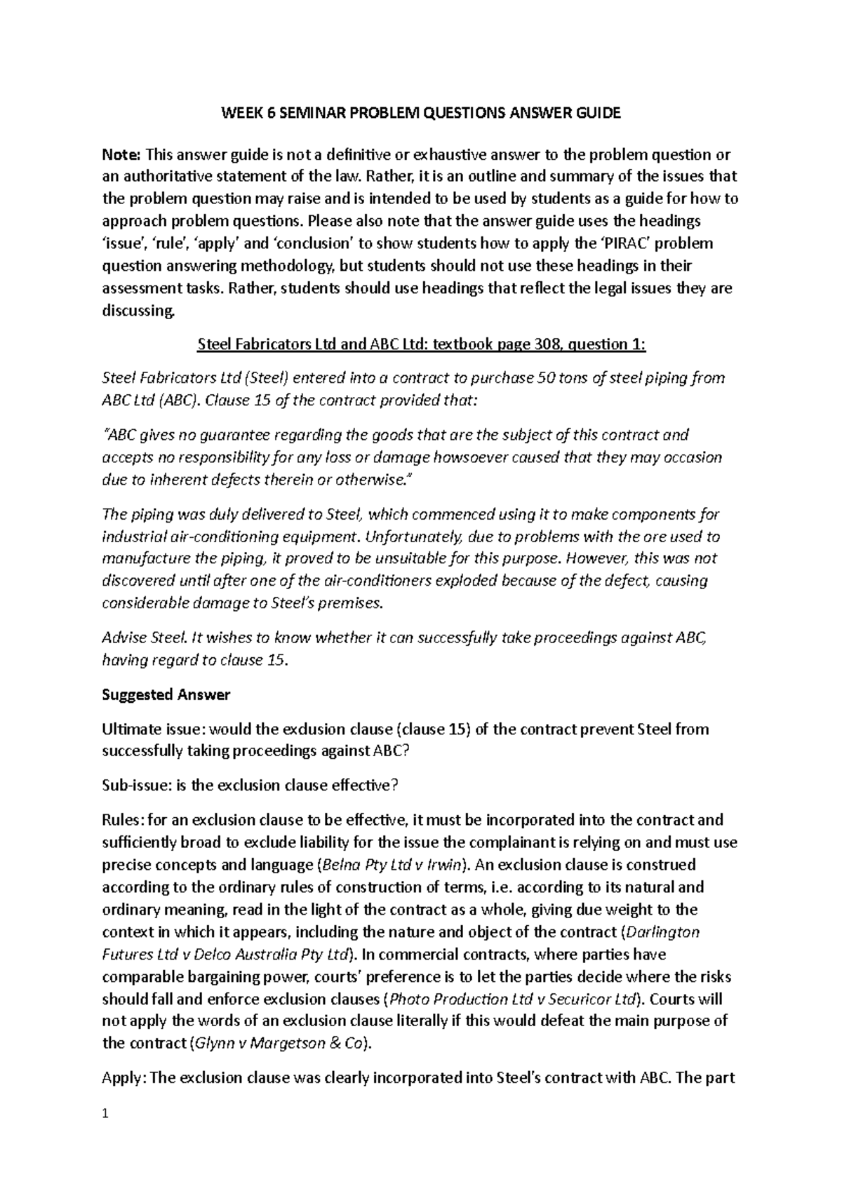 Answer Guide to Problem Questions Week 06 - WEEK 6 SEMINAR PROBLEM ...