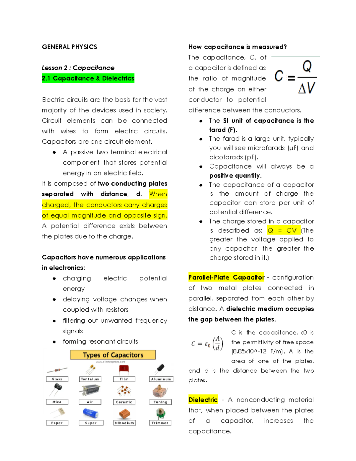 General Physics Lesson 2 Capacitance PRE Finals Reviewer GENERAL