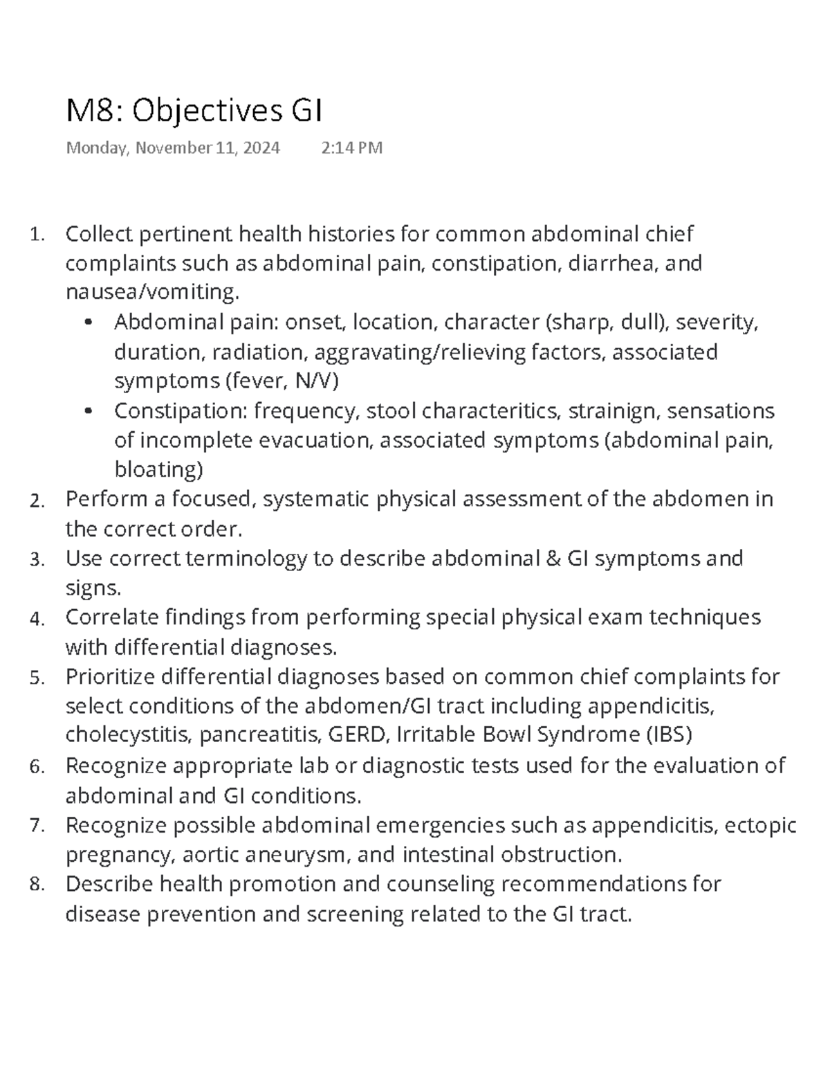 M8 Objectives GI - LECTURE NOTES - 1. Collect pertinent health ...