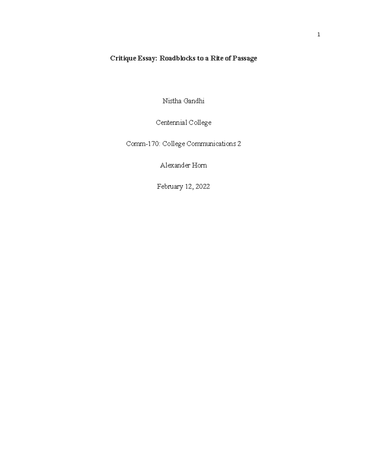 Critique Essay track changes - Critique Essay: Roadblocks to a Rite of ...