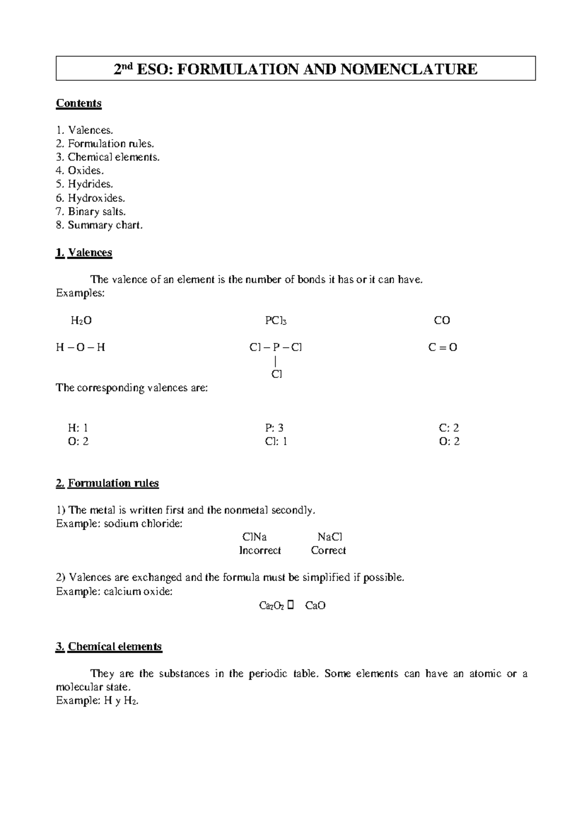 Formulation 2ESO - Apuntes de formulación - Contents Valences ...