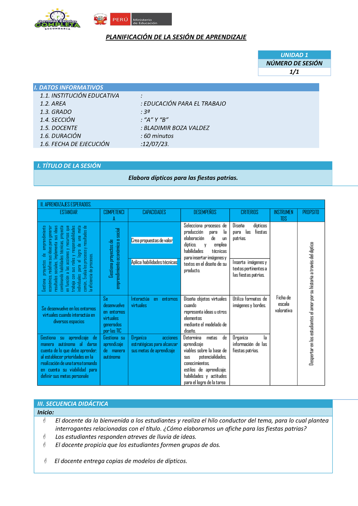 Sesion De Bladym Planificacin De La Sesin De Aprendizaje I Datos