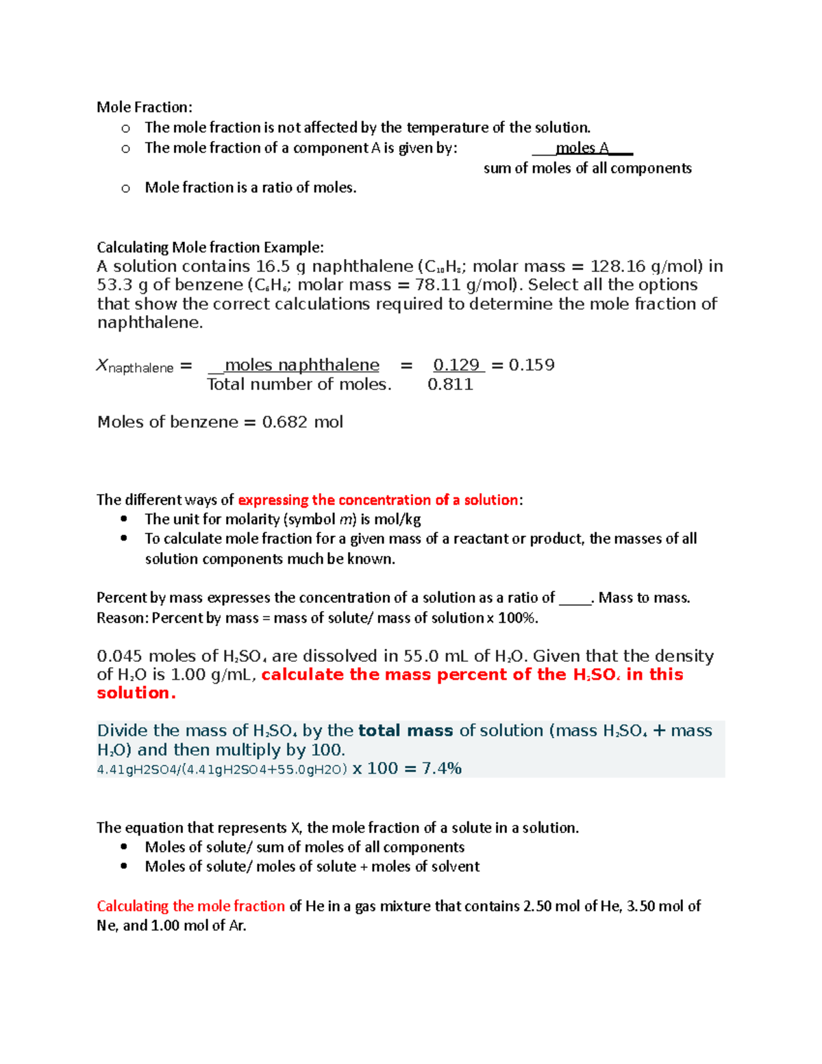 Chem Lecture Notes - Mole Fraction: o The mole fraction is not affected ...