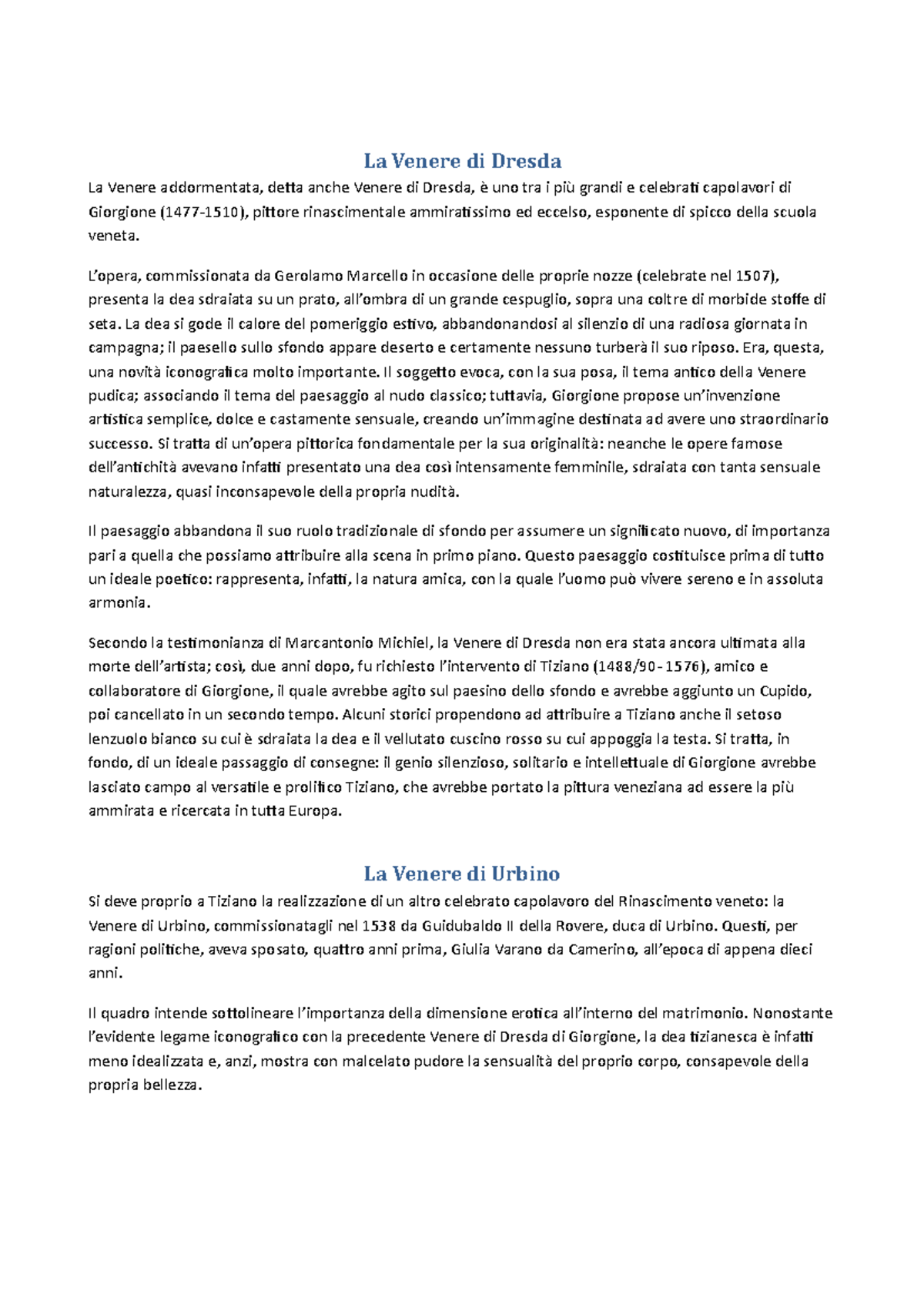 Venere di tiziano e La Venere di Dresda La Venere