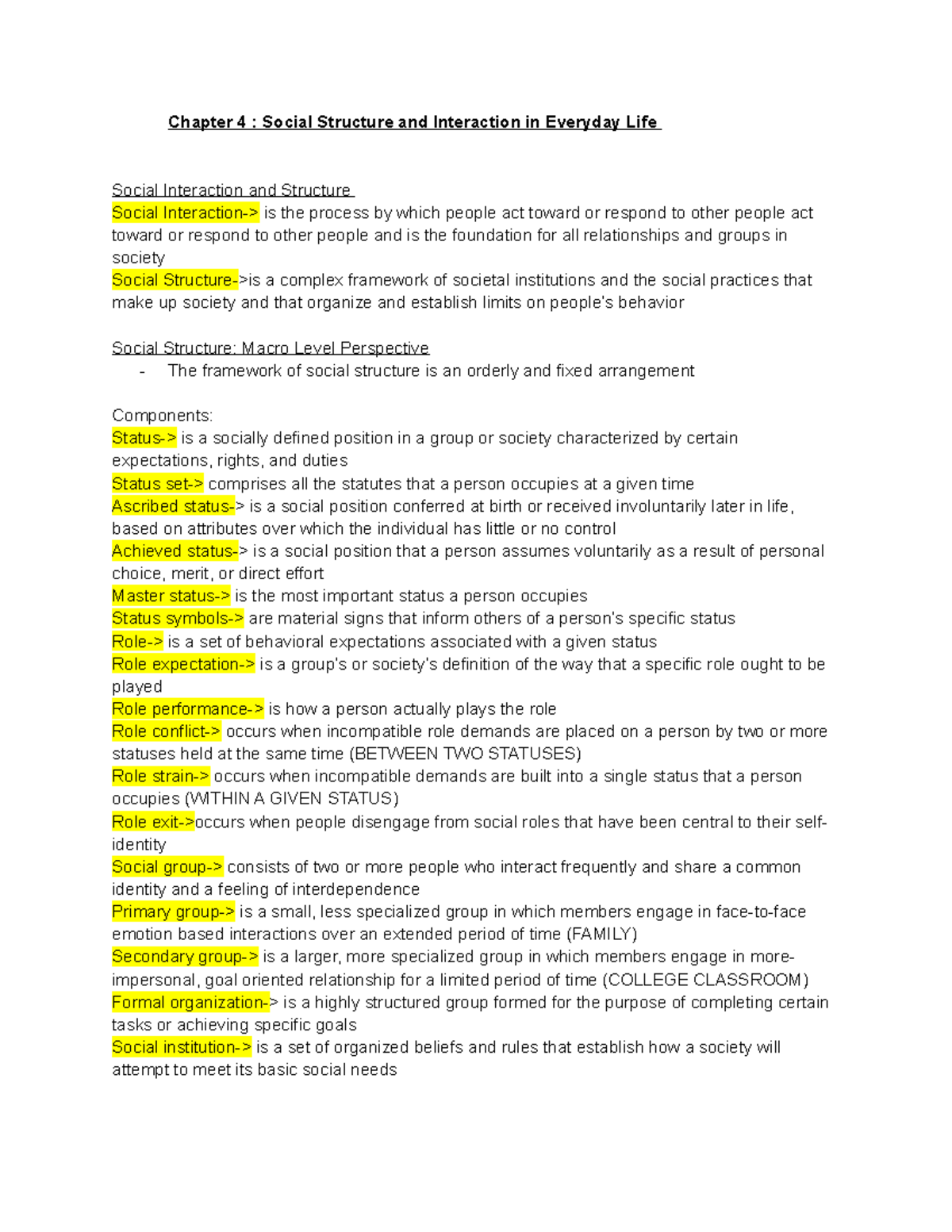 Test 2 Class Notes - Chapter 4 : Social Structure and Interaction in ...