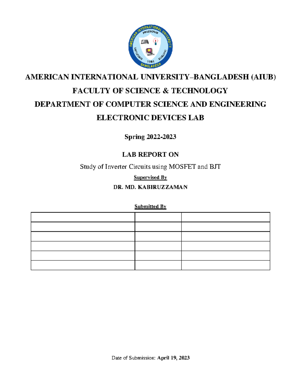 Study Of Inverter Circuits Using Mosfet And BJT Lab Report - AMERICAN ...