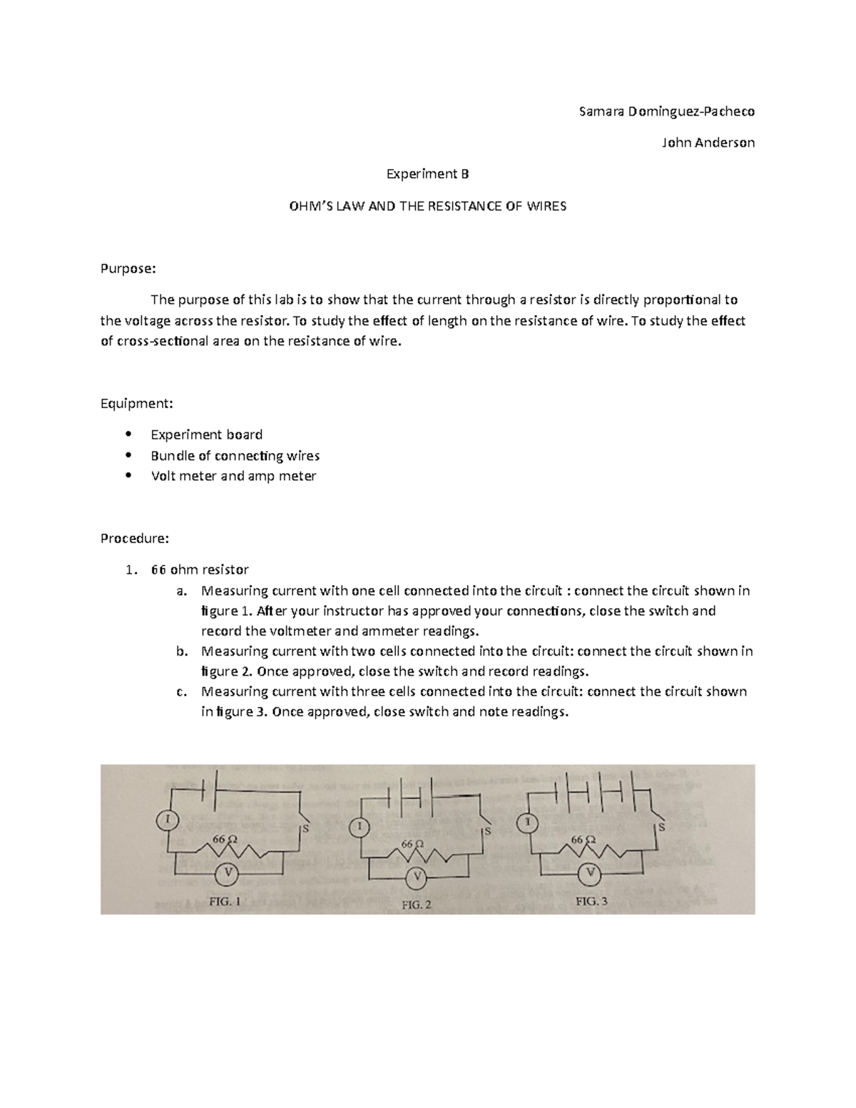 Experiment B: Ohm's Law And The Resonance Of Wires - Samara Dominguez ...