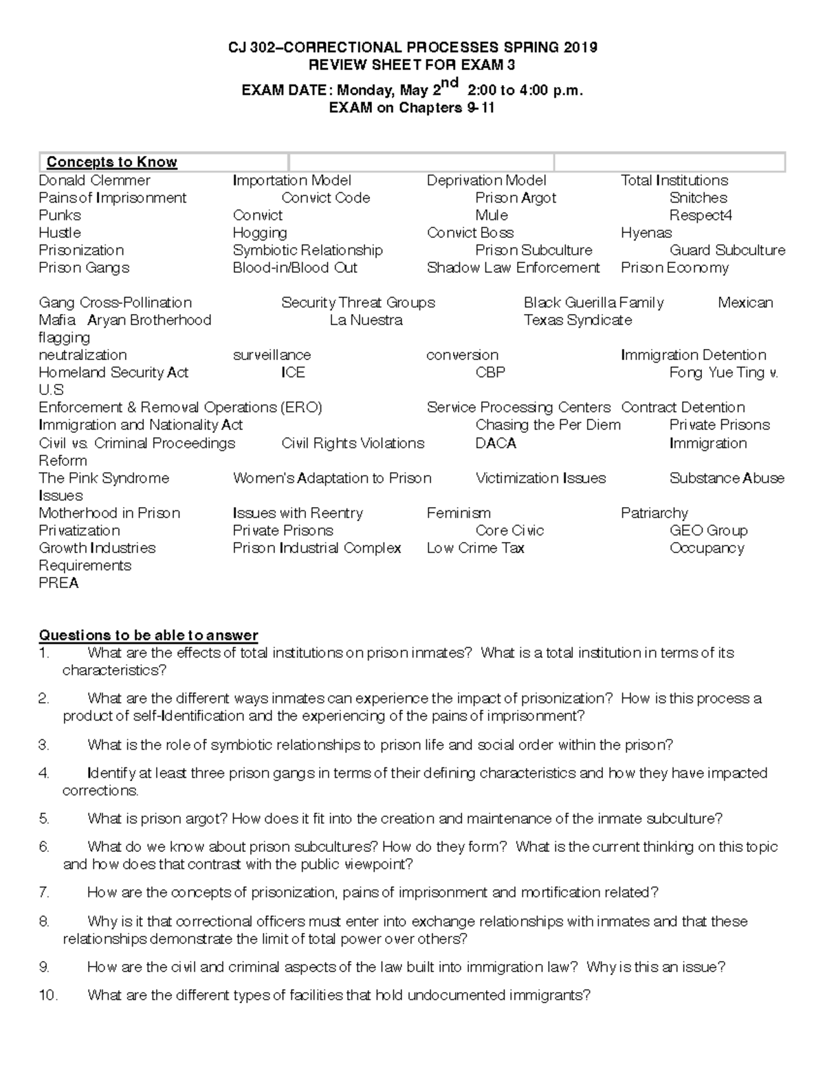 Rev 3sp22 - Exam 3 Study Guide - CJ 302–CORRECTIONAL PROCESSES SPRING ...