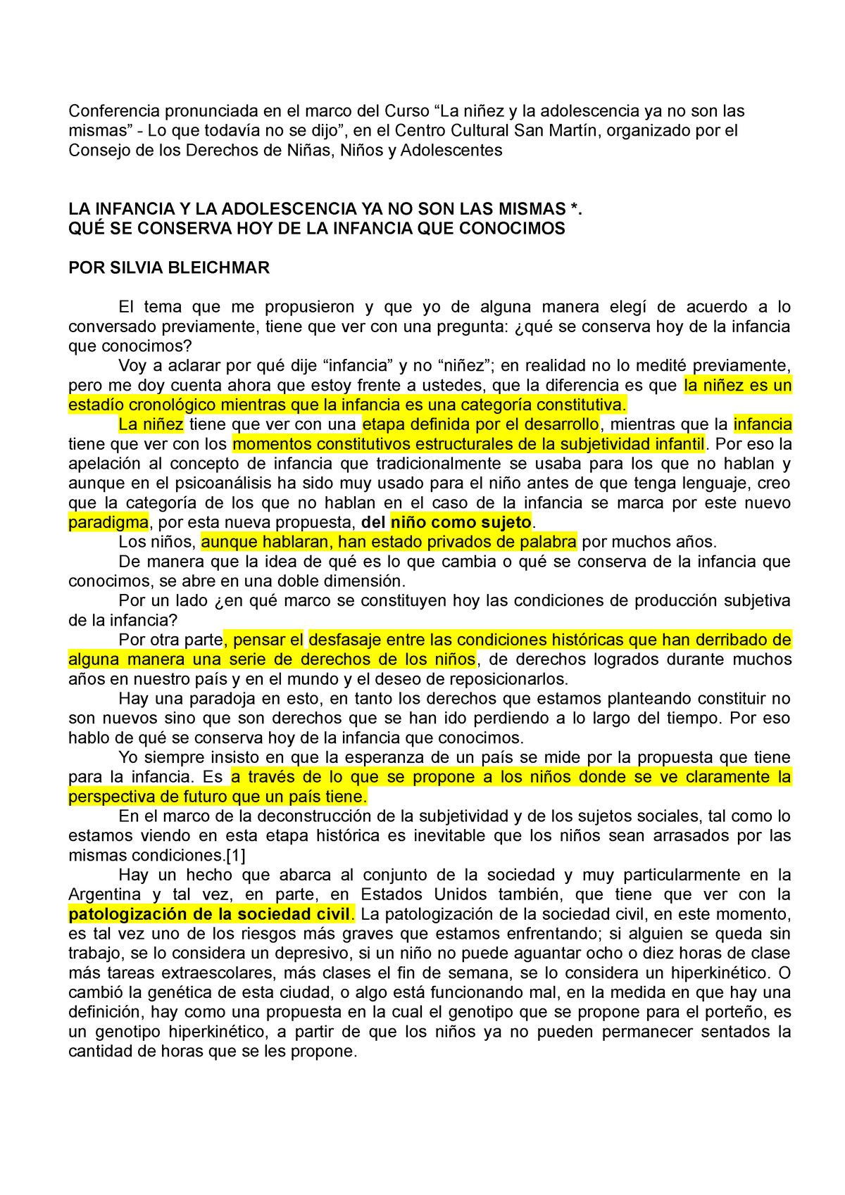 Bleichmar Silvia Conferencia Pronunciada En El Marco Del Curso Niñez Y La Adolescencia Ya No 1758