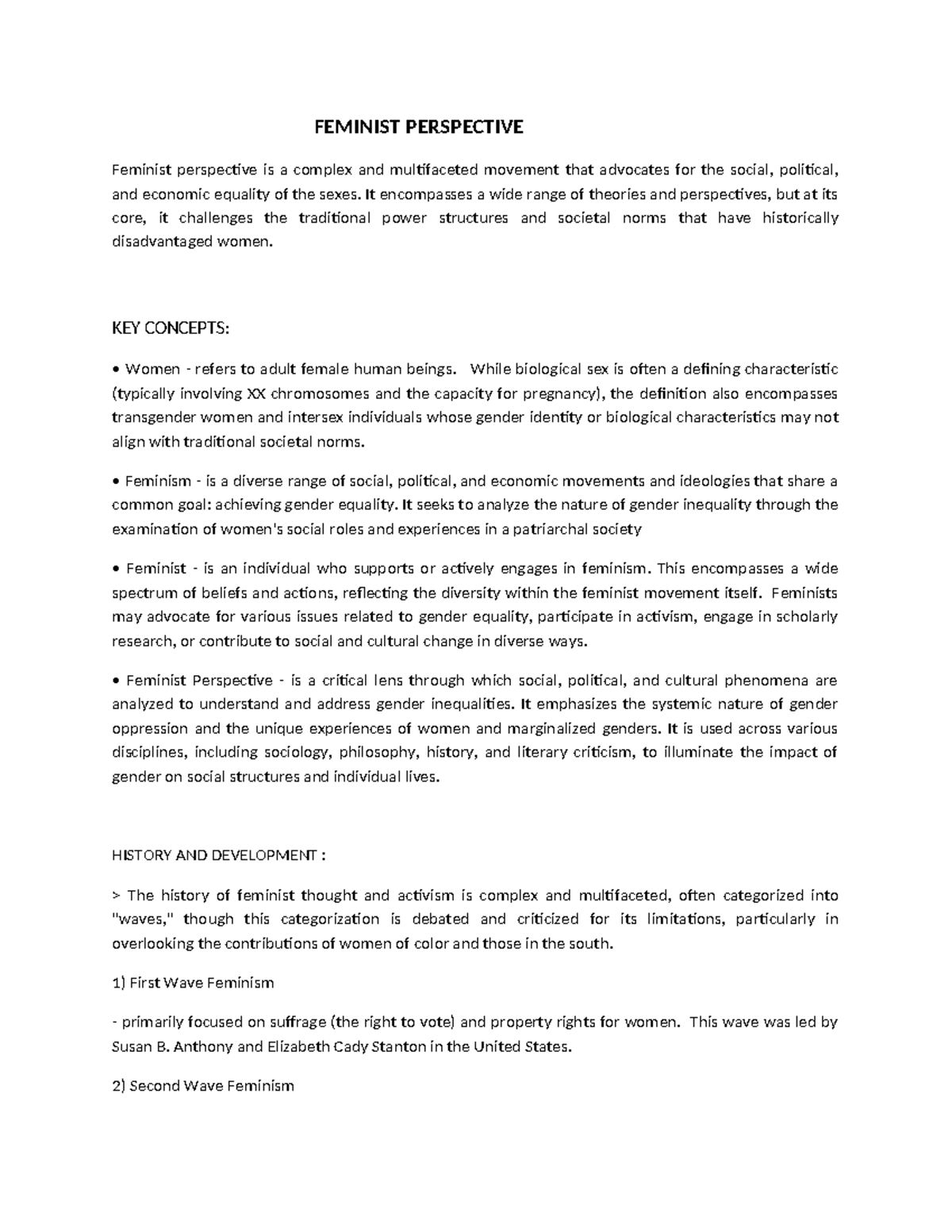 Feminist Perspective - FEMINIST PERSPECTIVE Feminist perspective is a ...