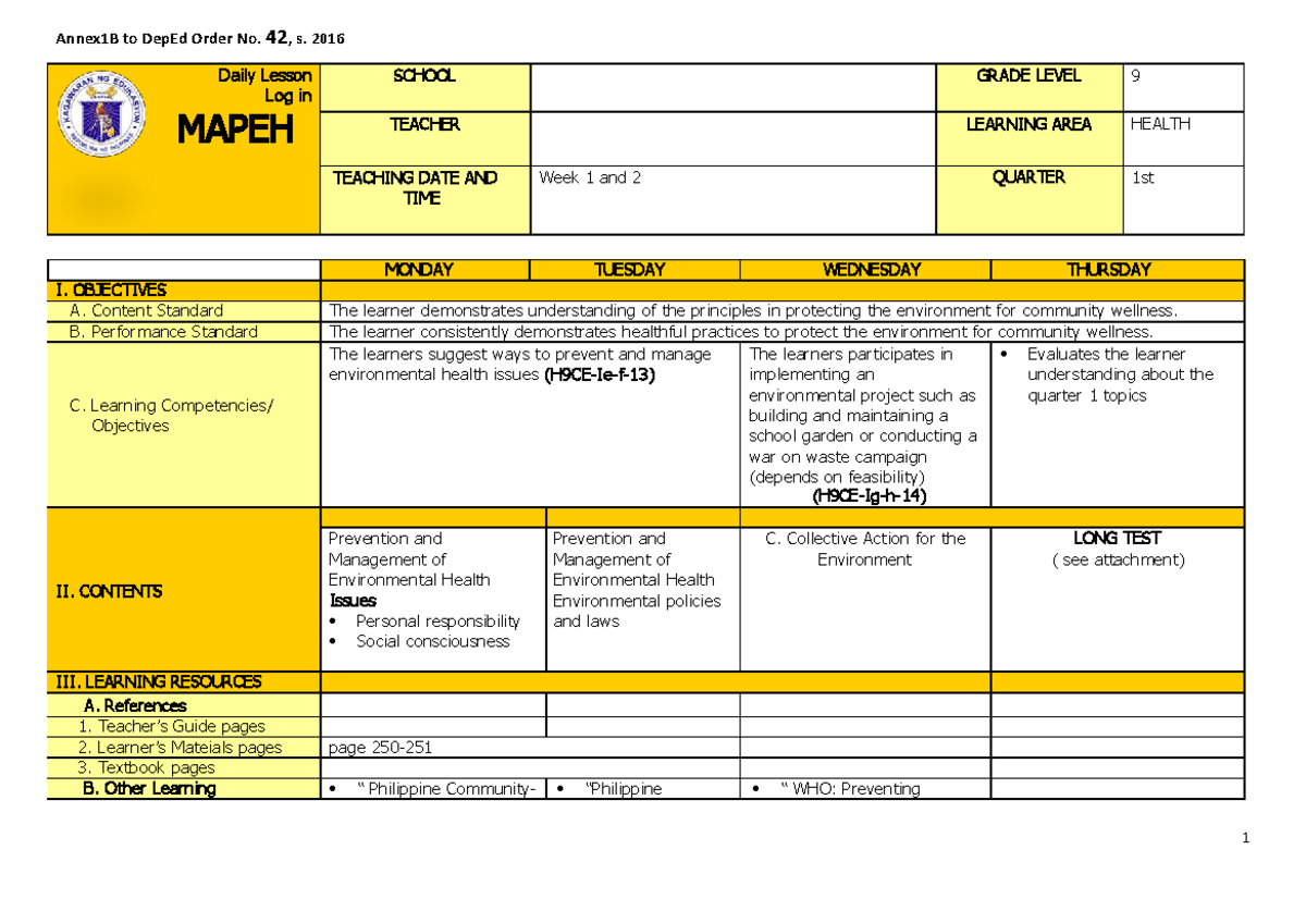 Q1 Grade 9 Health DLL Week 1 - Daily Lesson Log in MAPEH SCHOOL GRADE ...
