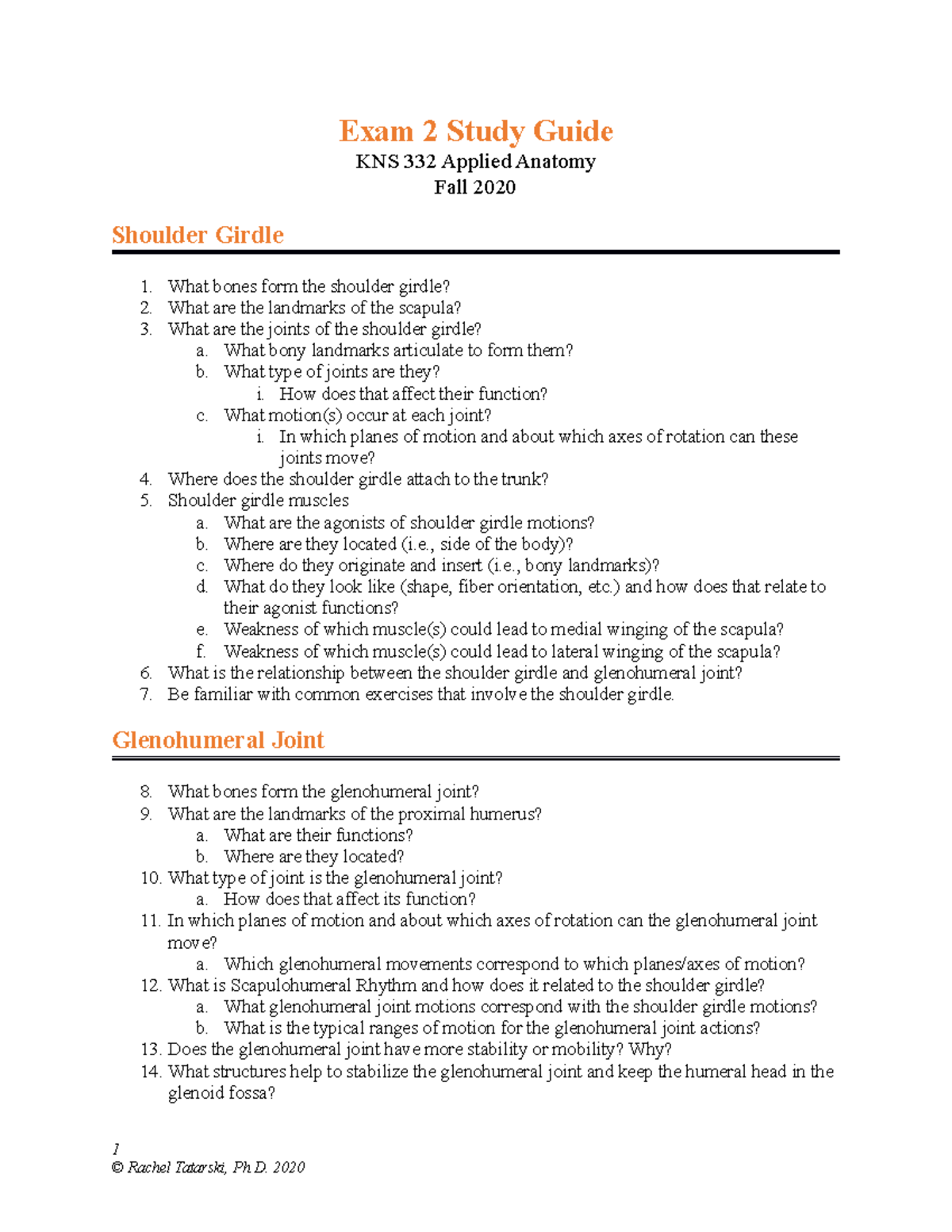 KNS332 - Exam 2 Review Questions - F2020 - Exam 2 Study Guide KNS 332 ...