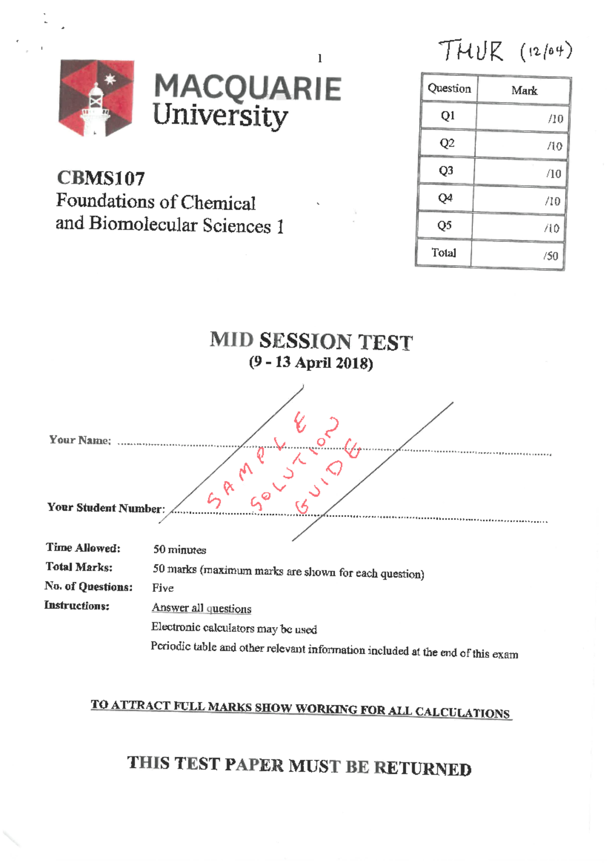 2018 Mid Sem Exam Solutions (Thursday) - CHEM1001 - Studocu