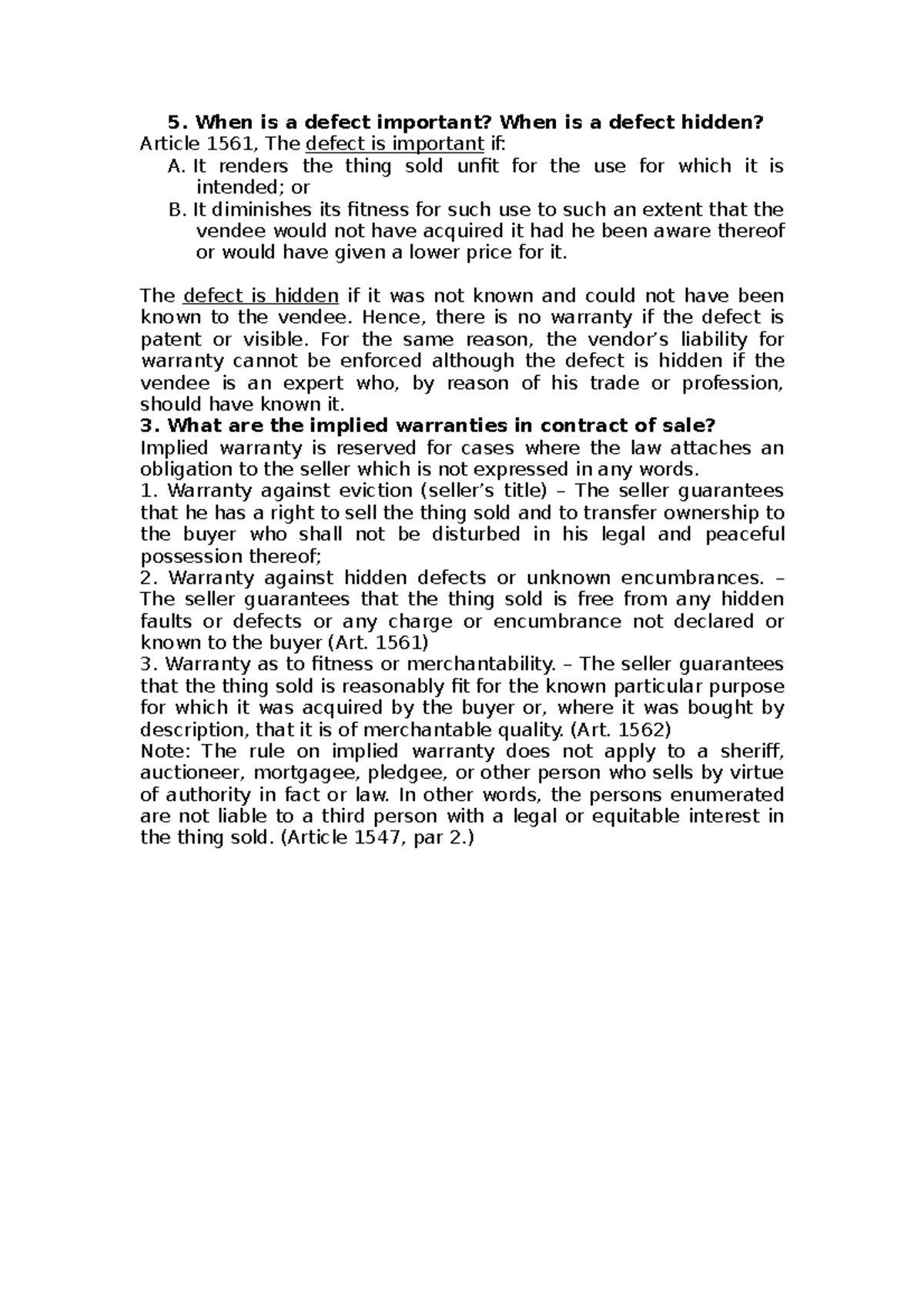 LAW 5 - Law notes. - When is a defect important? When is a defect ...