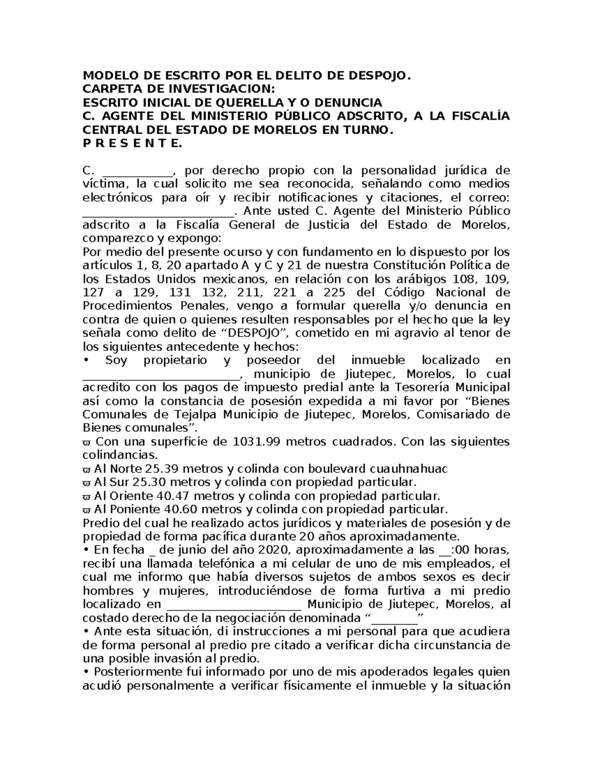 Modelo De Escrito Por El Delito De Despojo Modelo De Escrito Por El