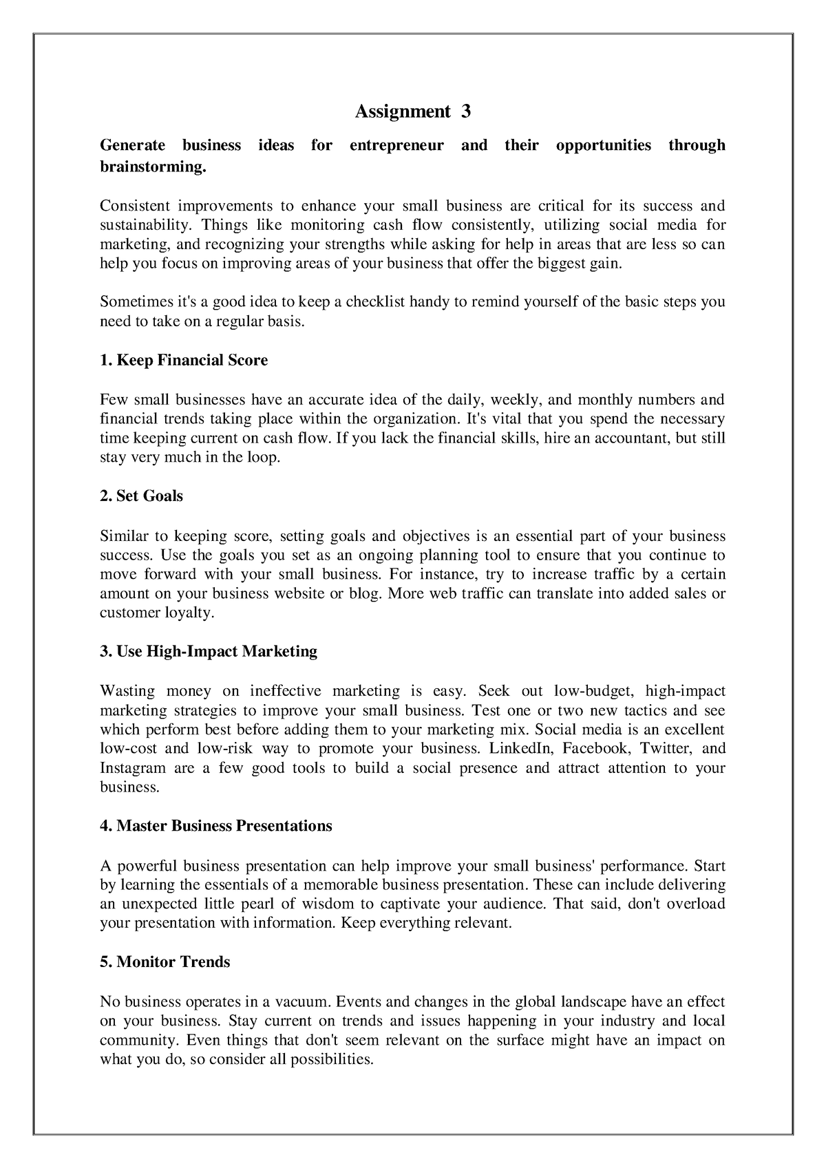 entrepreneur business ideas assignment