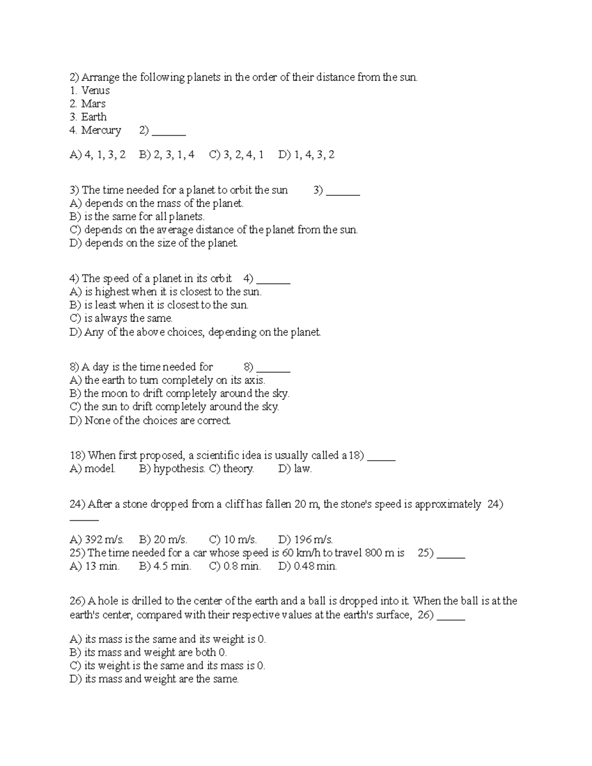 GWC Physical Science Spring 2020 TEST 1 Arrange the following