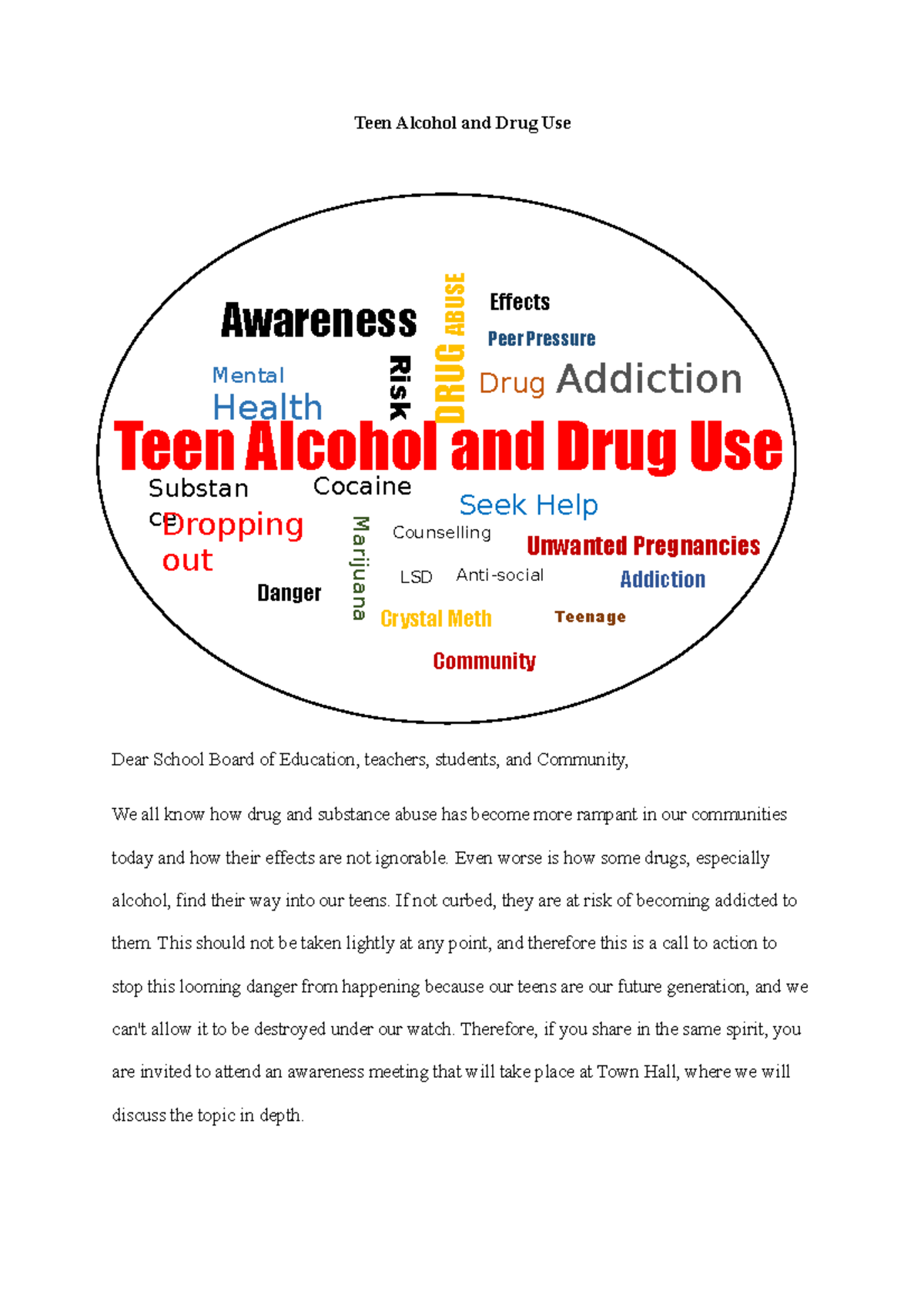 Teen Alcohol and Drug Use-2 - Teen Alcohol and Drug Use Dear School ...
