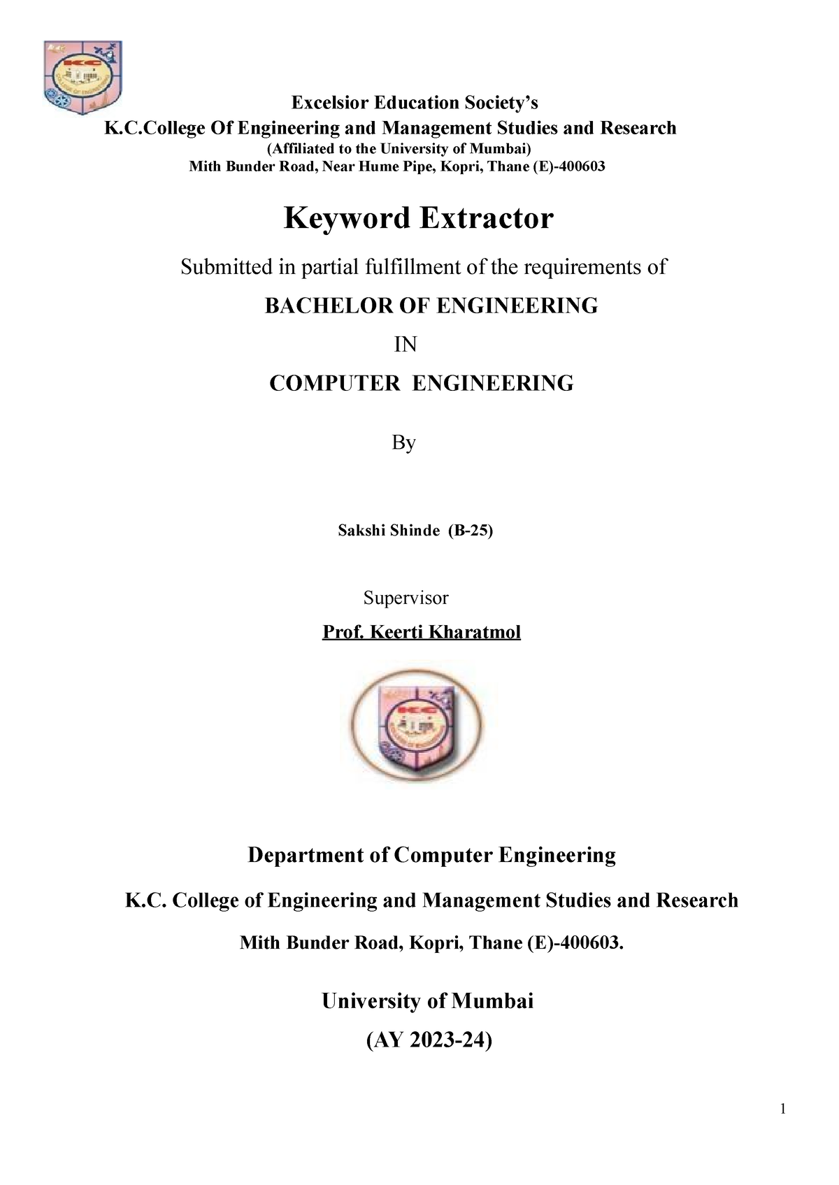 ML Miniproject Report - Excelsior Education Society’s K.C Of ...