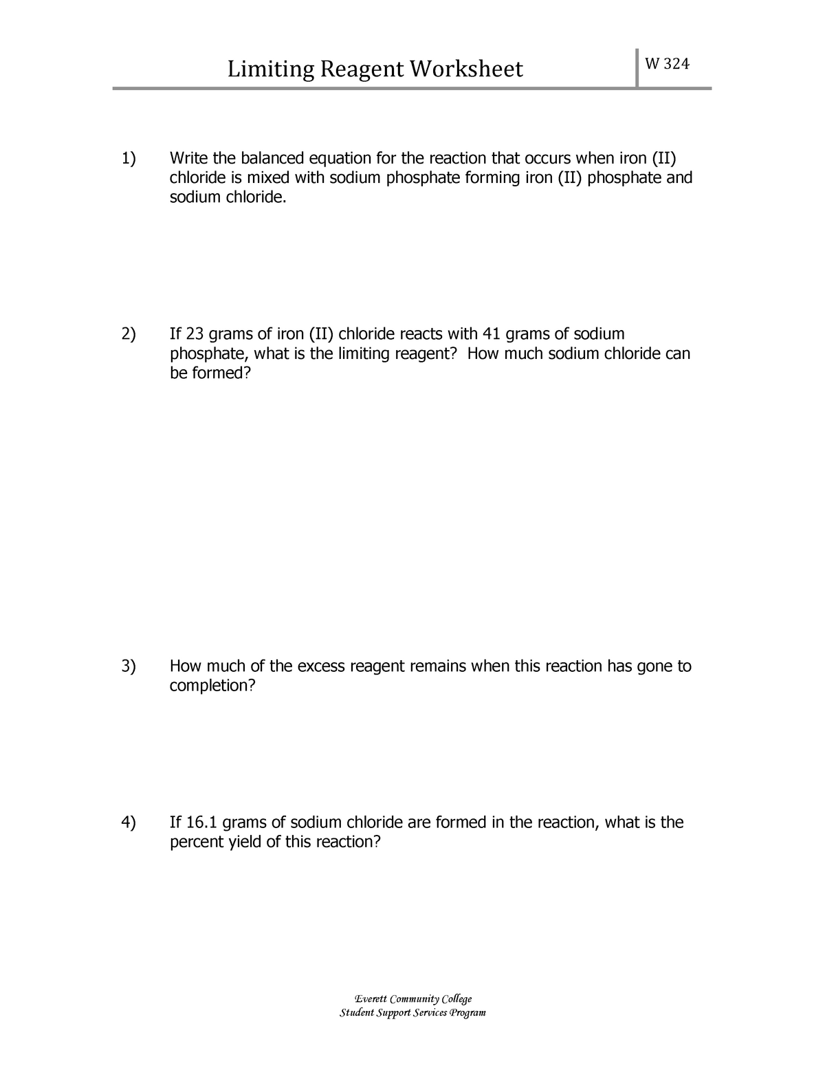 W20 limiting reagent worksheet - Limiting Reagent Worksheet W 20 With Limiting Reactant Worksheet Answers