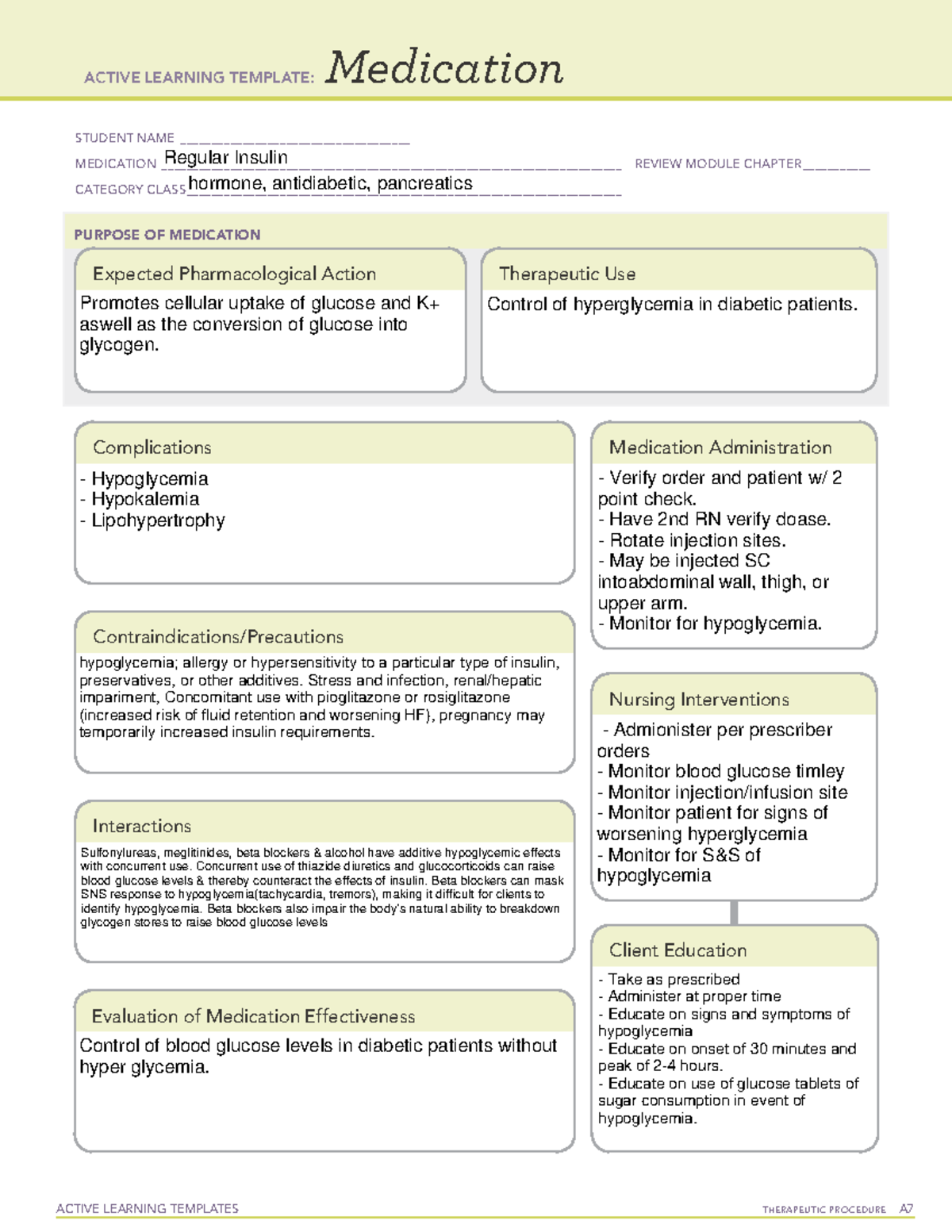 Regular Insulin Medication Template