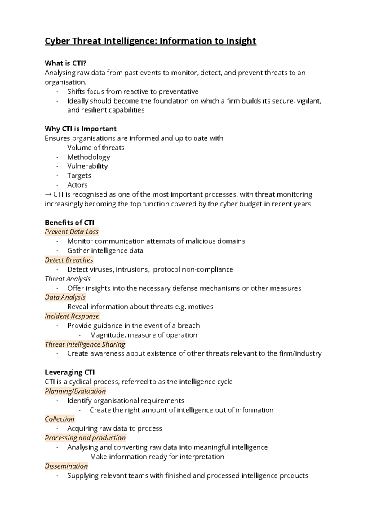 CTI - Lecture notes 1 - Cyber Threat Intelligence: Information to ...
