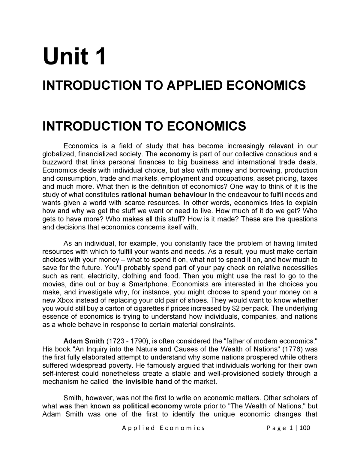 Applied Economics Unit 1 INTRODUCTION TO APPLIED ECONOMICS 