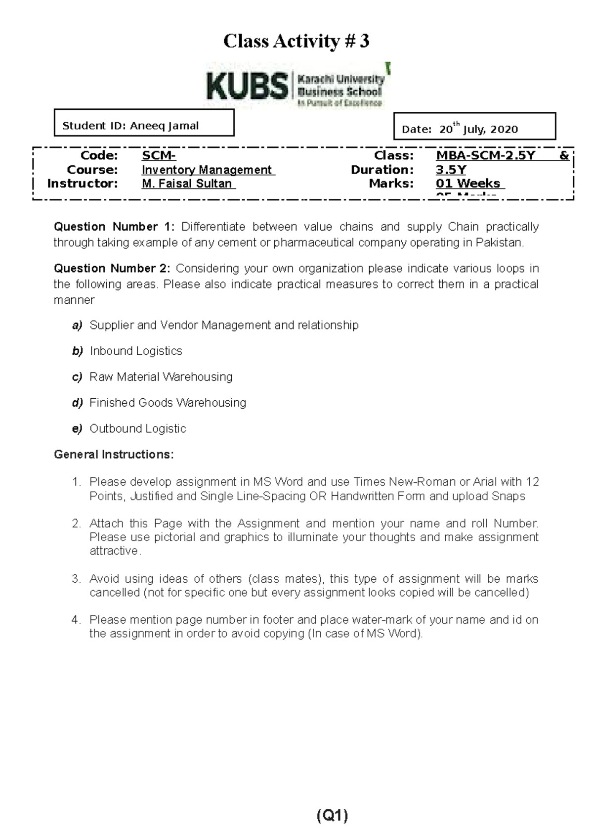 Class Activity Number.03 Inv Mgt (Complete) - : Question Number 1 ...