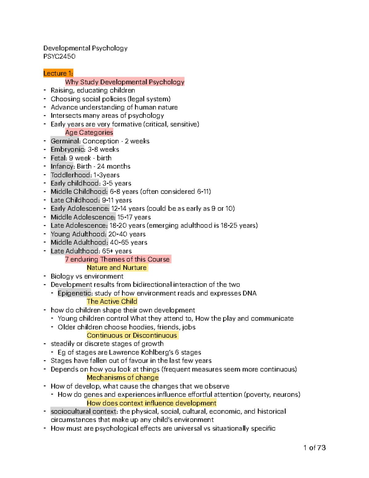 PSYC2450 Lecture and textbook notes - Developmental Psychology PSYC ...