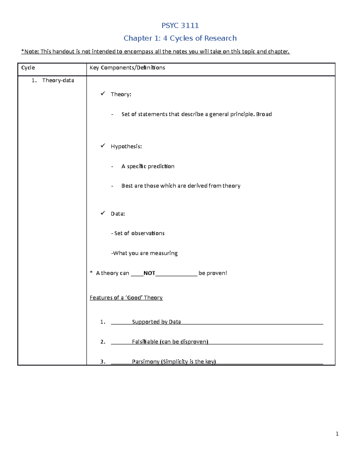 PSYC 3111- Chapter 1 Notes Handout - PSYC 3111 Chapter 1: 4 Cycles of ...