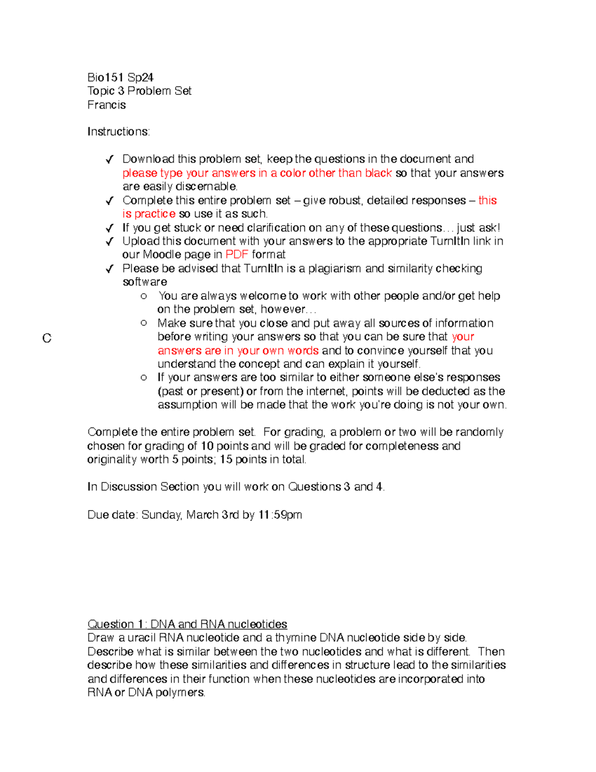 Bio151 Topic 3 Problem Set - Bio151 Sp Topic 3 Problem Set Francis ...