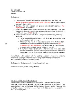 Bio151 Topic 1 Problem Set Answer Key - Bio151 Sp Topic 1 Problem Set ...