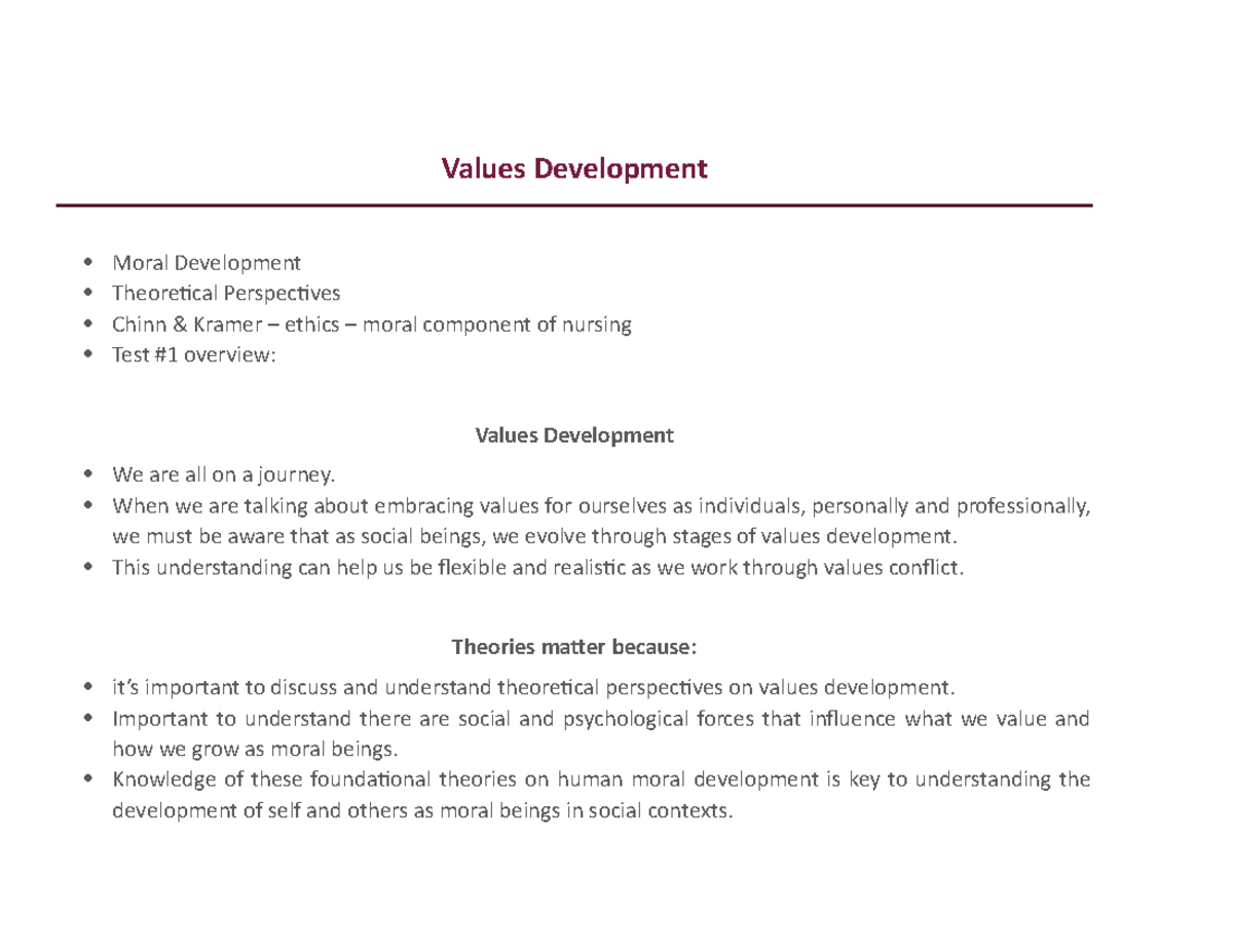 Values Development - assorted lecture notes - Values Development Moral ...